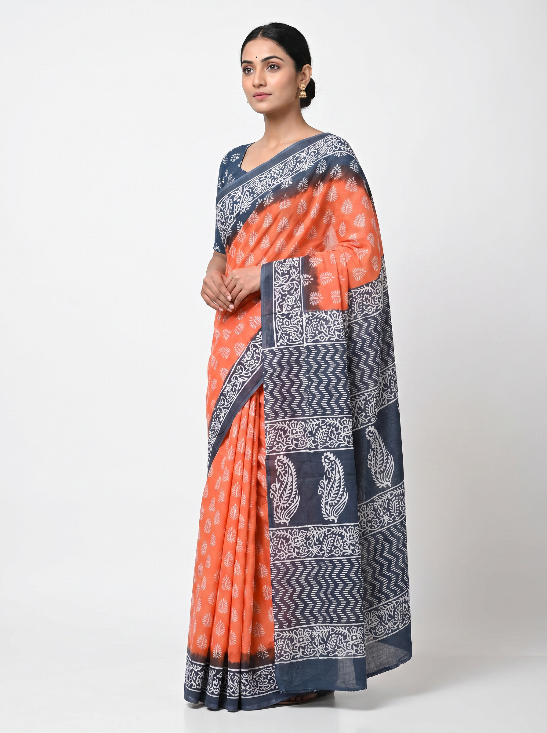 Deep Red + Grey pure mulmul cotton saree with blouse