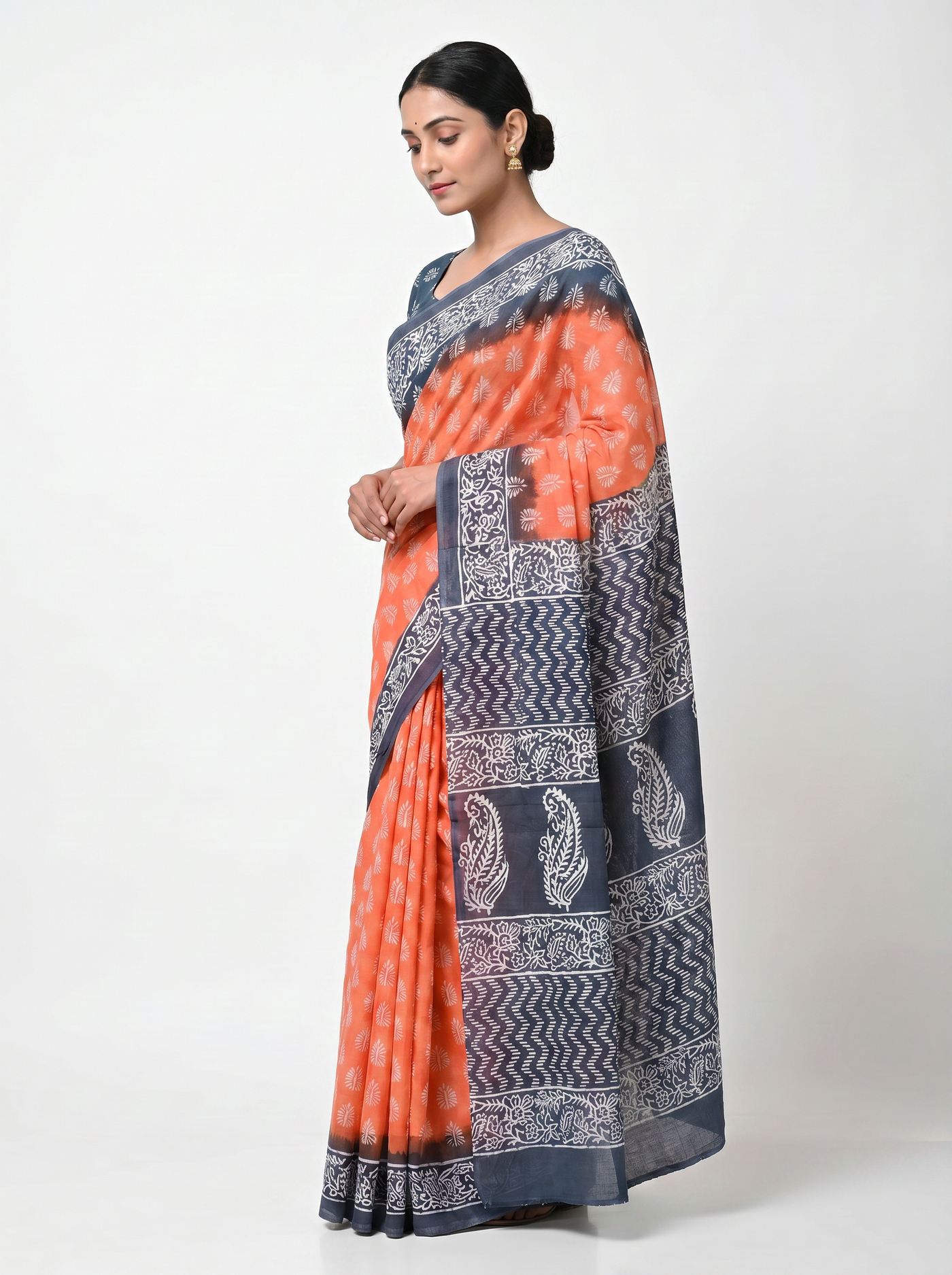 Pure Mulmul Cotton Saree | Deep Red + Grey Handblock Print | Summer & Office Wear | With Blouse | Design 2 image 2