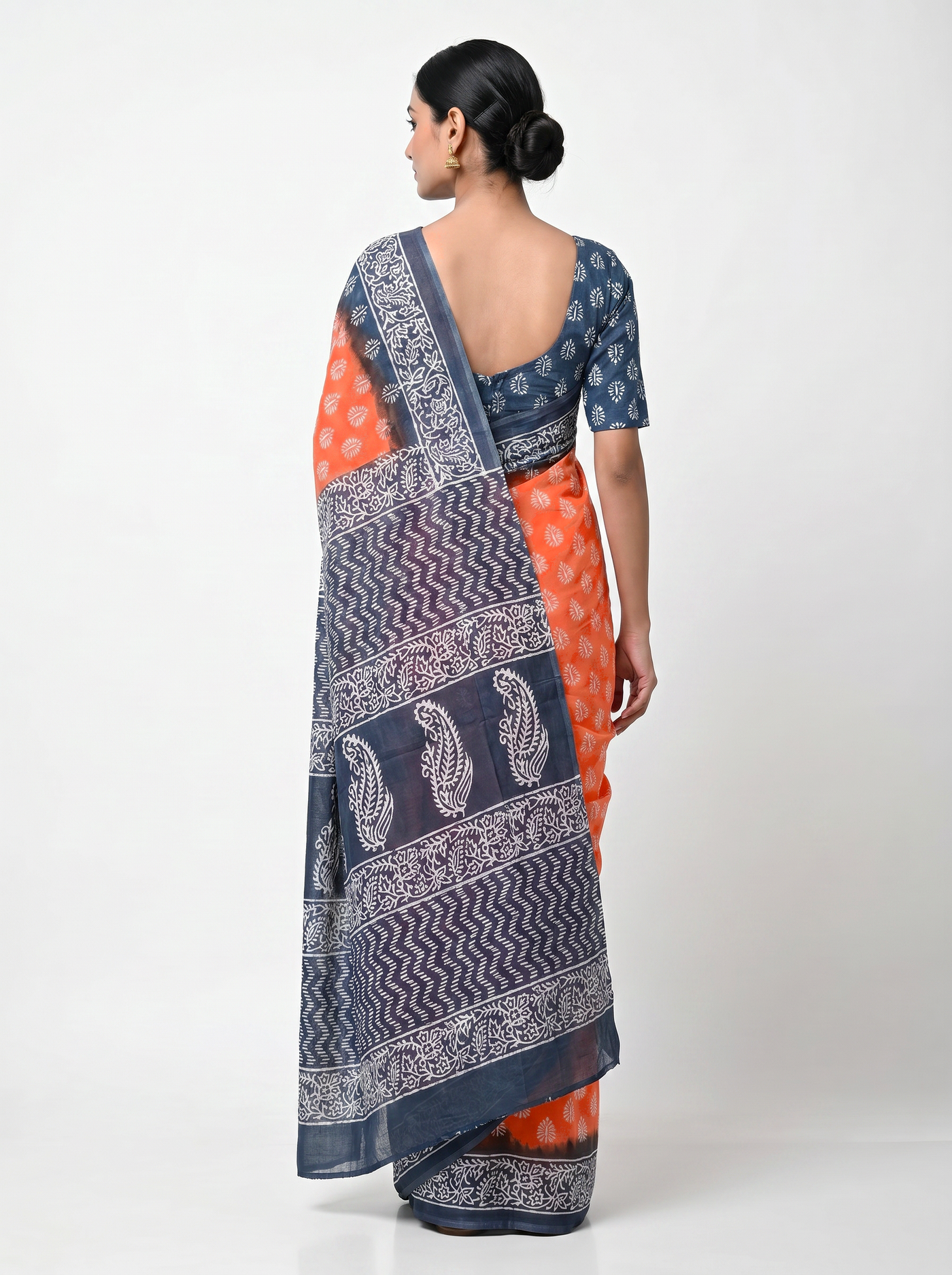 Pure Mulmul Cotton Saree | Deep Red + Grey Handblock Print | Summer & Office Wear | With Blouse | Design 2 image 3