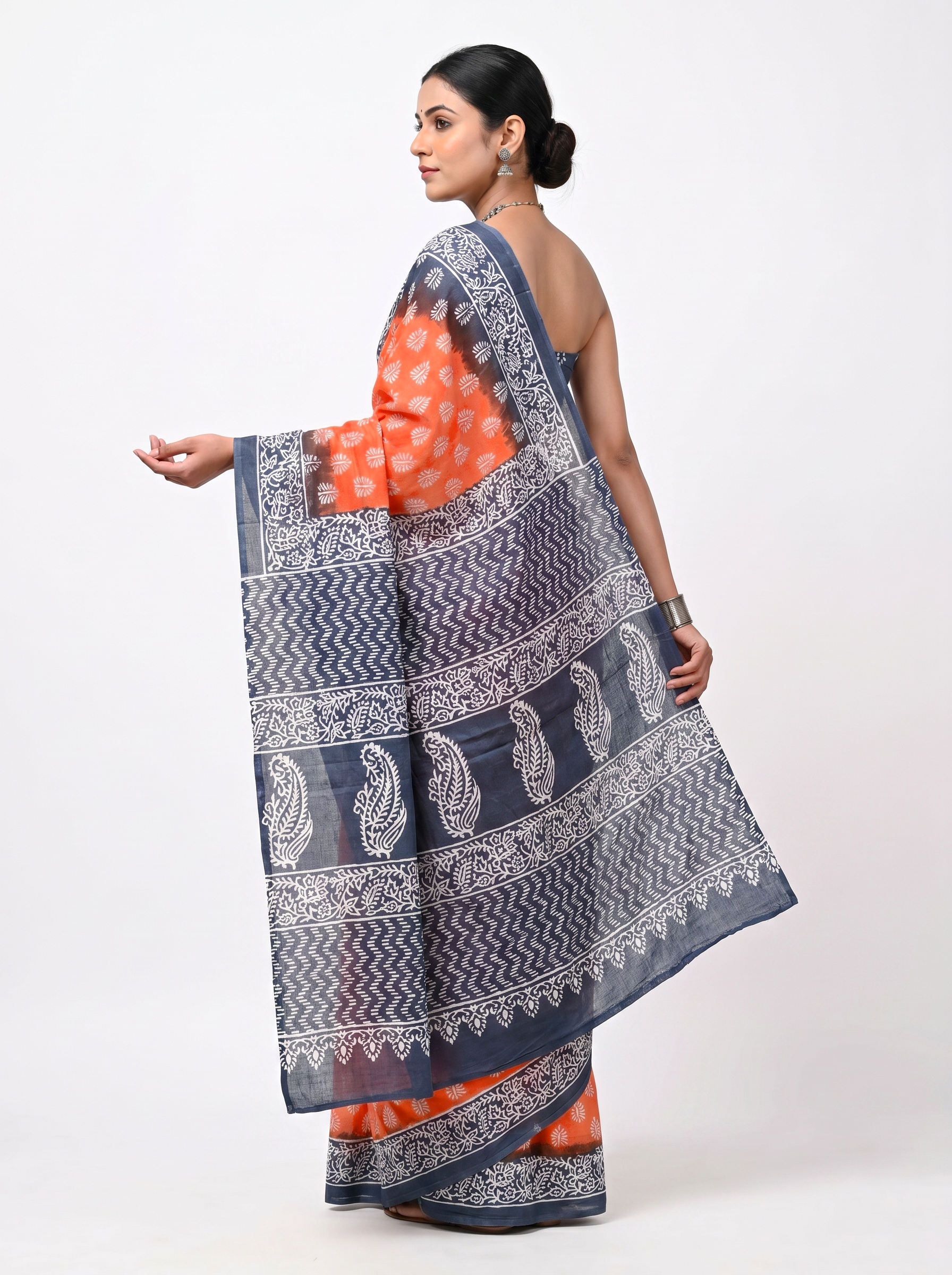 Pure Mulmul Cotton Saree | Deep Red + Grey Handblock Print | Summer & Office Wear | With Blouse | Design 2 image 4