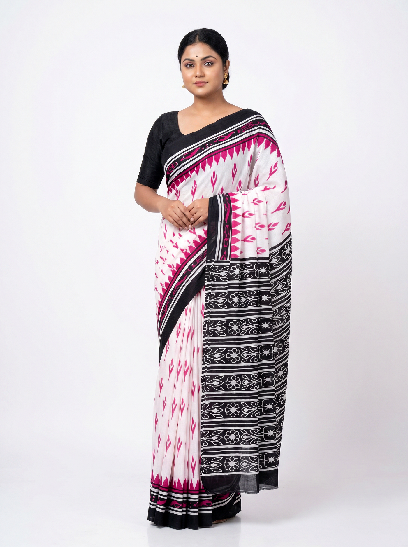 Deep Red + Grey pure mulmul cotton saree with blouse
