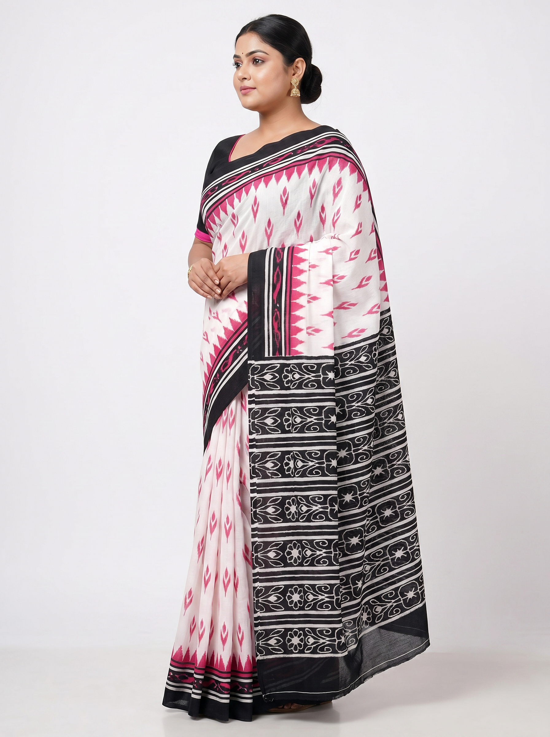 Pure Mulmul Cotton Saree | Deep Red + Grey Handblock Print | Summer & Office Wear | With Blouse image 2