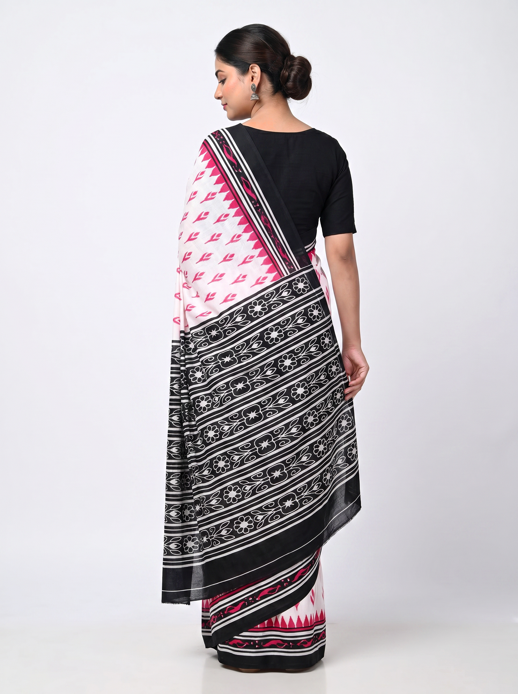 Pure Mulmul Cotton Saree | Deep Red + Grey Handblock Print | Summer & Office Wear | With Blouse image 3