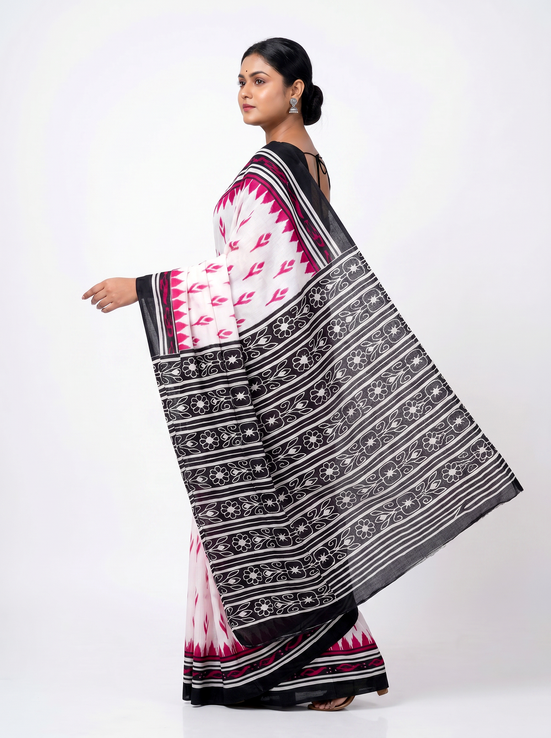 Pure Mulmul Cotton Saree | Deep Red + Grey Handblock Print | Summer & Office Wear | With Blouse image 4