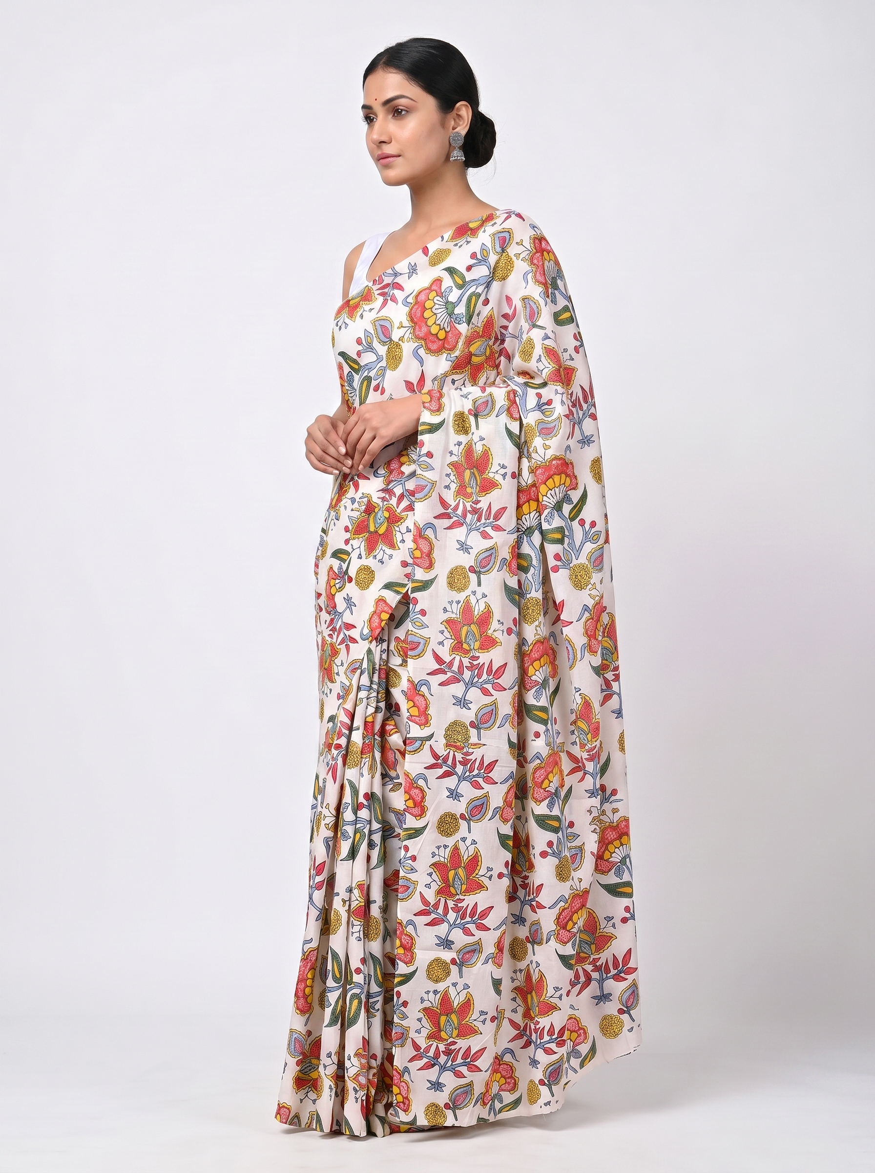 Pure Mulmul Cotton Saree | Deep Red + Off White + Golden Handblock Golden Zari | Festive Wear | With Blouse image 2