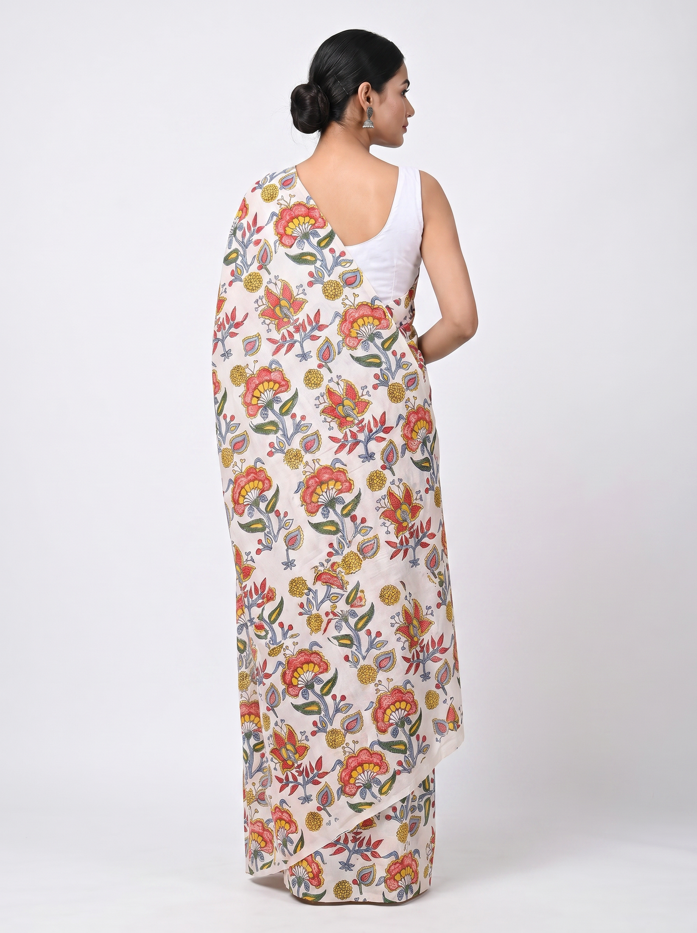 Pure Mulmul Cotton Saree | Deep Red + Off White + Golden Handblock Golden Zari | Festive Wear | With Blouse image 3