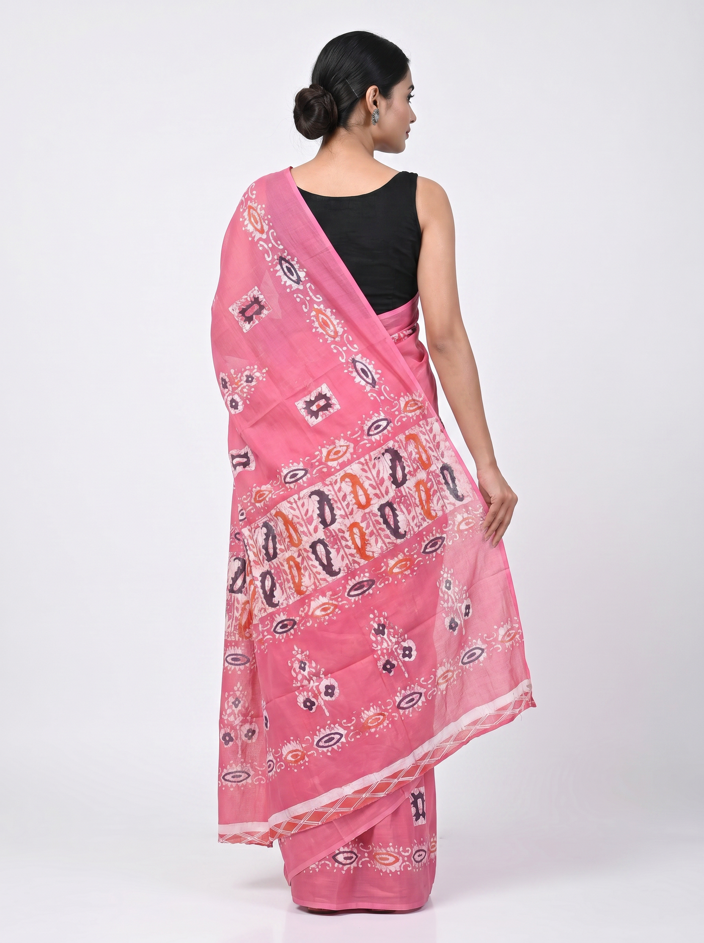 Pure Mulmul Cotton Saree | Deep Red + Rani Pink Handblock Print | Summer & Office Wear | With Blouse image 3