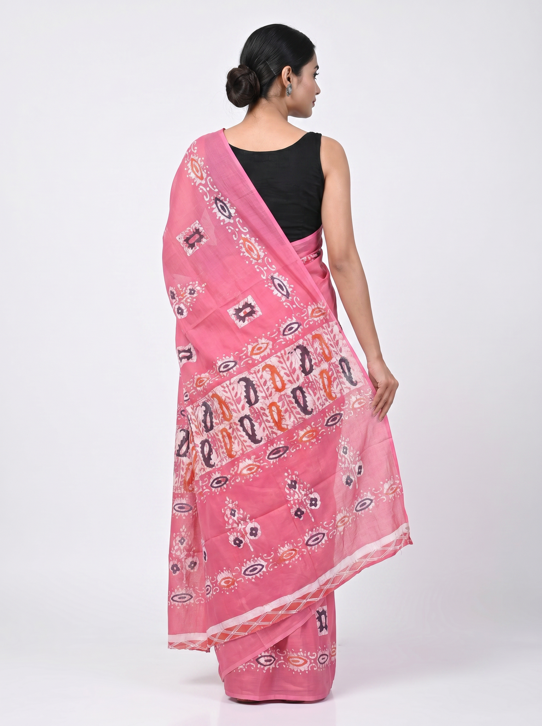 Pure Mulmul Cotton Saree | Deep Red + Rani Pink Handblock Print | Summer & Office Wear | With Blouse image 3