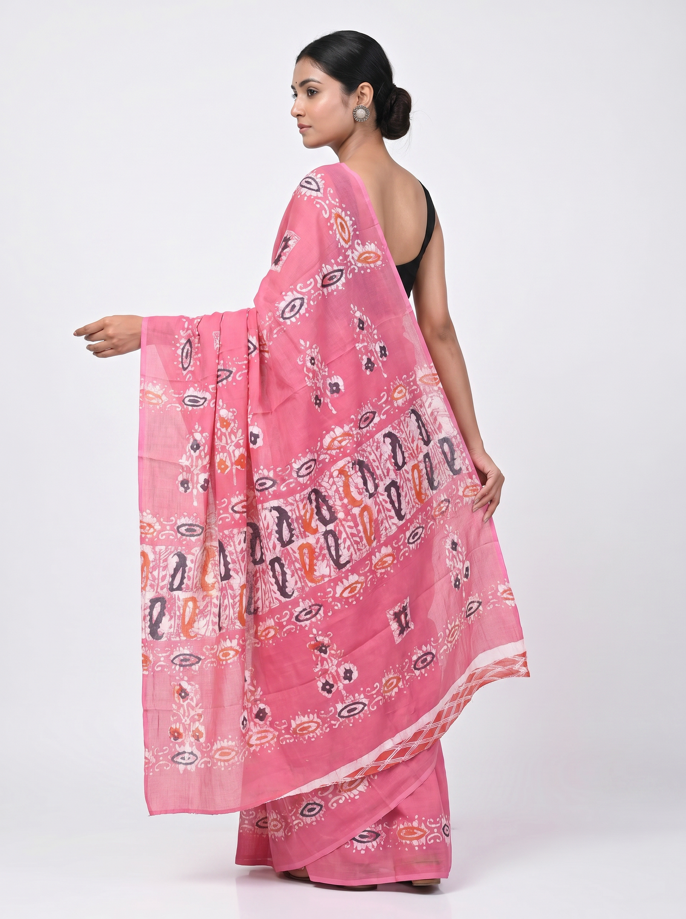 Pure Mulmul Cotton Saree | Deep Red + Rani Pink Handblock Print | Summer & Office Wear | With Blouse image 4