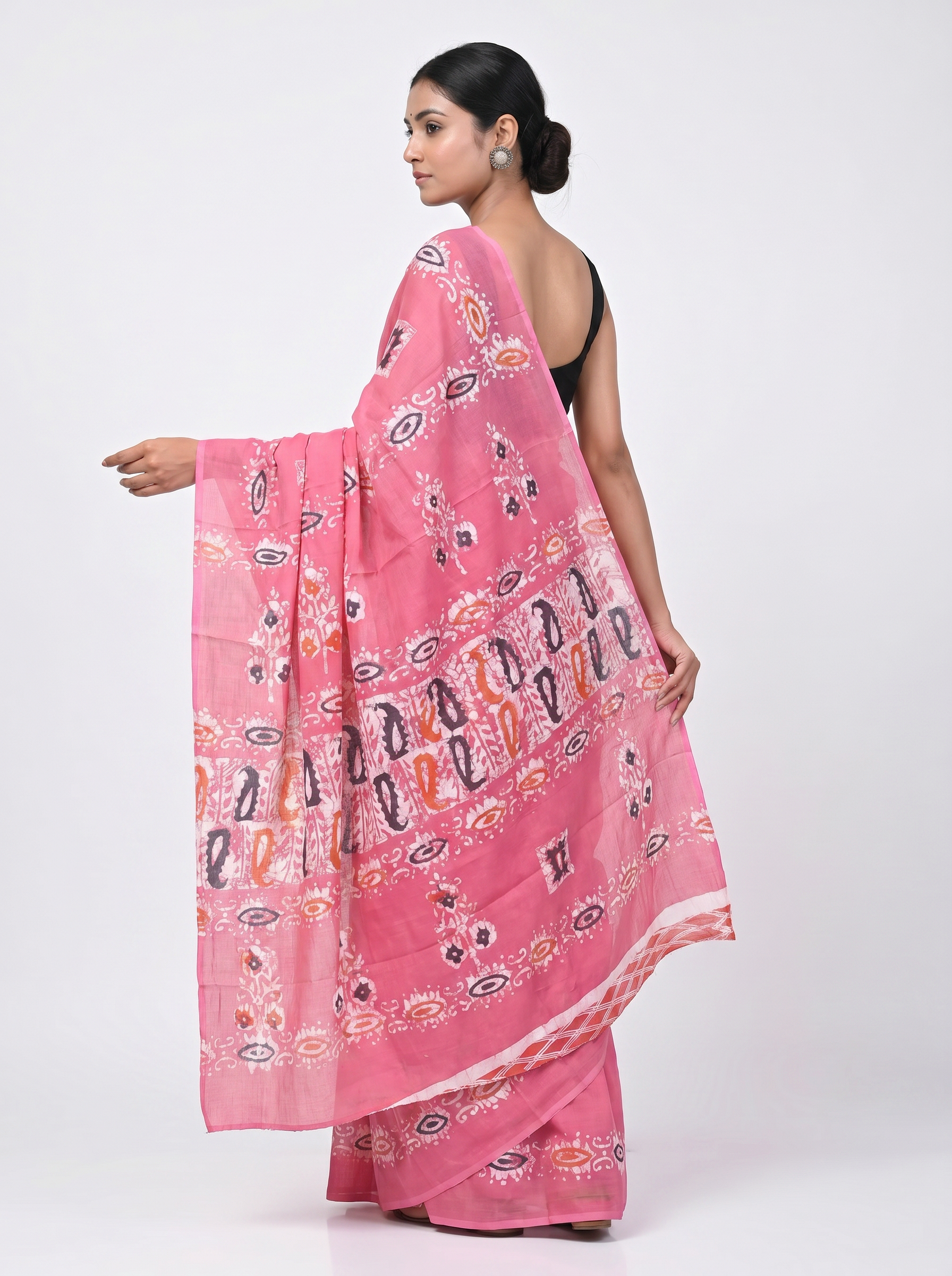 Pure Mulmul Cotton Saree | Deep Red + Rani Pink Handblock Print | Summer & Office Wear | With Blouse image 4