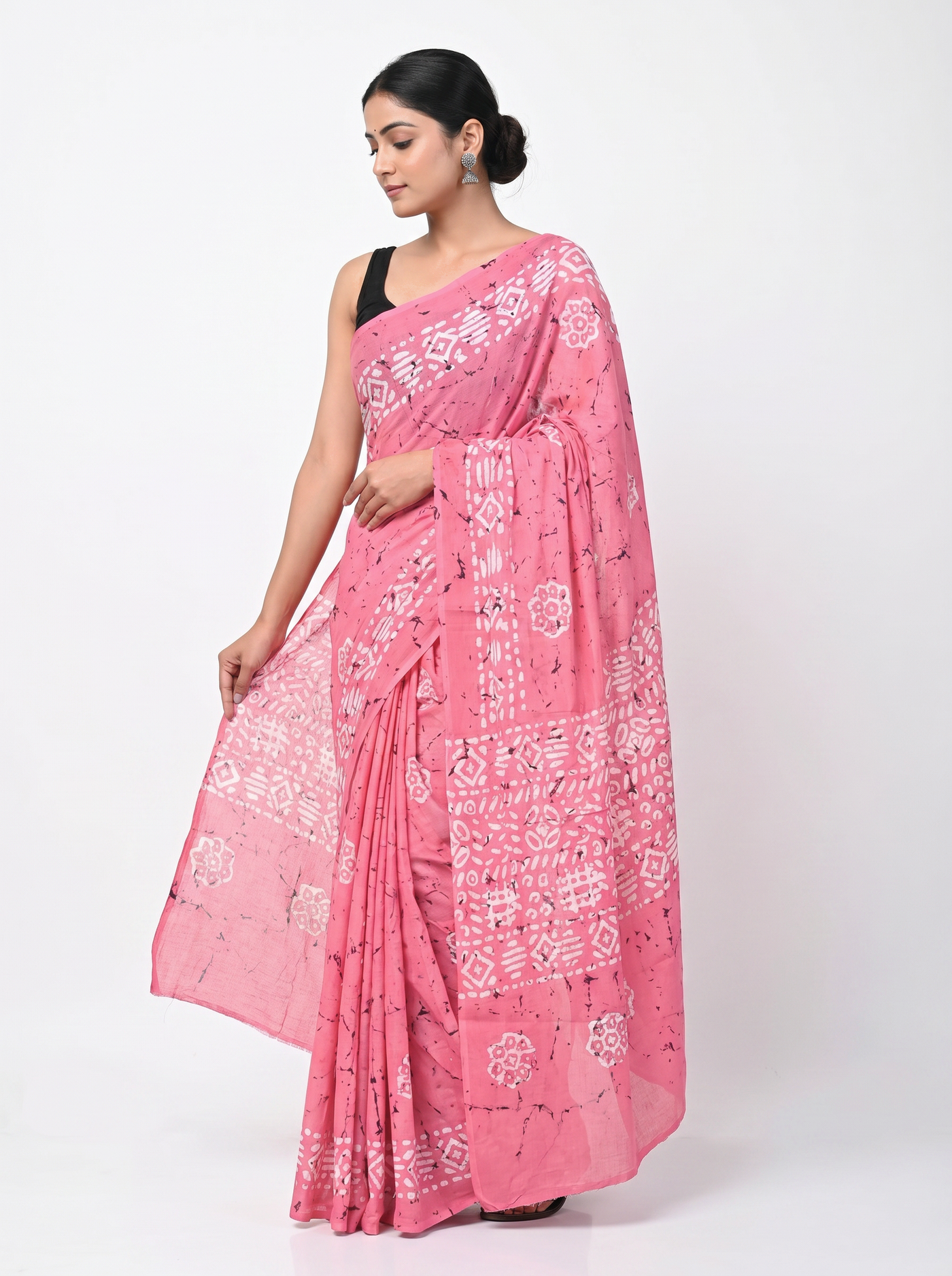 Pure Mulmul Cotton Saree | Deep Red + Rose Pink Handblock Print | Summer & Office Wear | With Blouse image 2