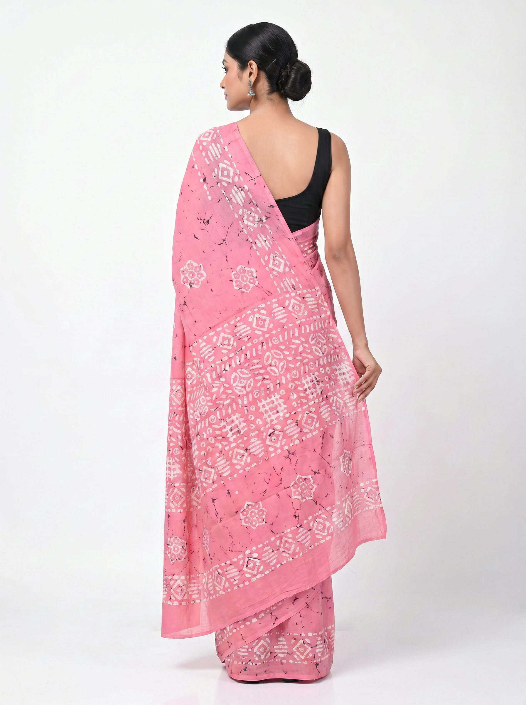 Pure Mulmul Cotton Saree | Deep Red + Rose Pink Handblock Print | Summer & Office Wear | With Blouse image 3