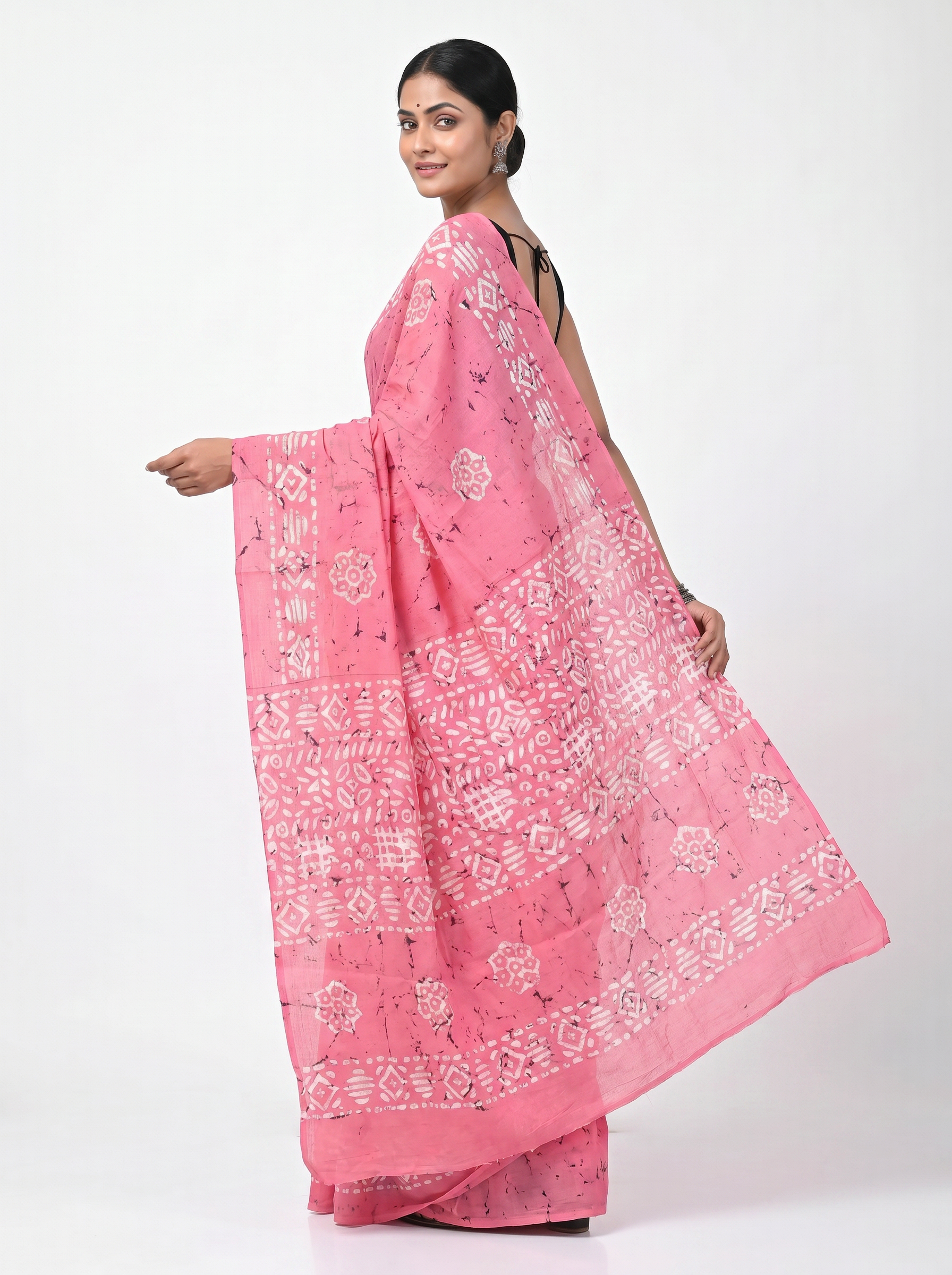 Pure Mulmul Cotton Saree | Deep Red + Rose Pink Handblock Print | Summer & Office Wear | With Blouse image 4