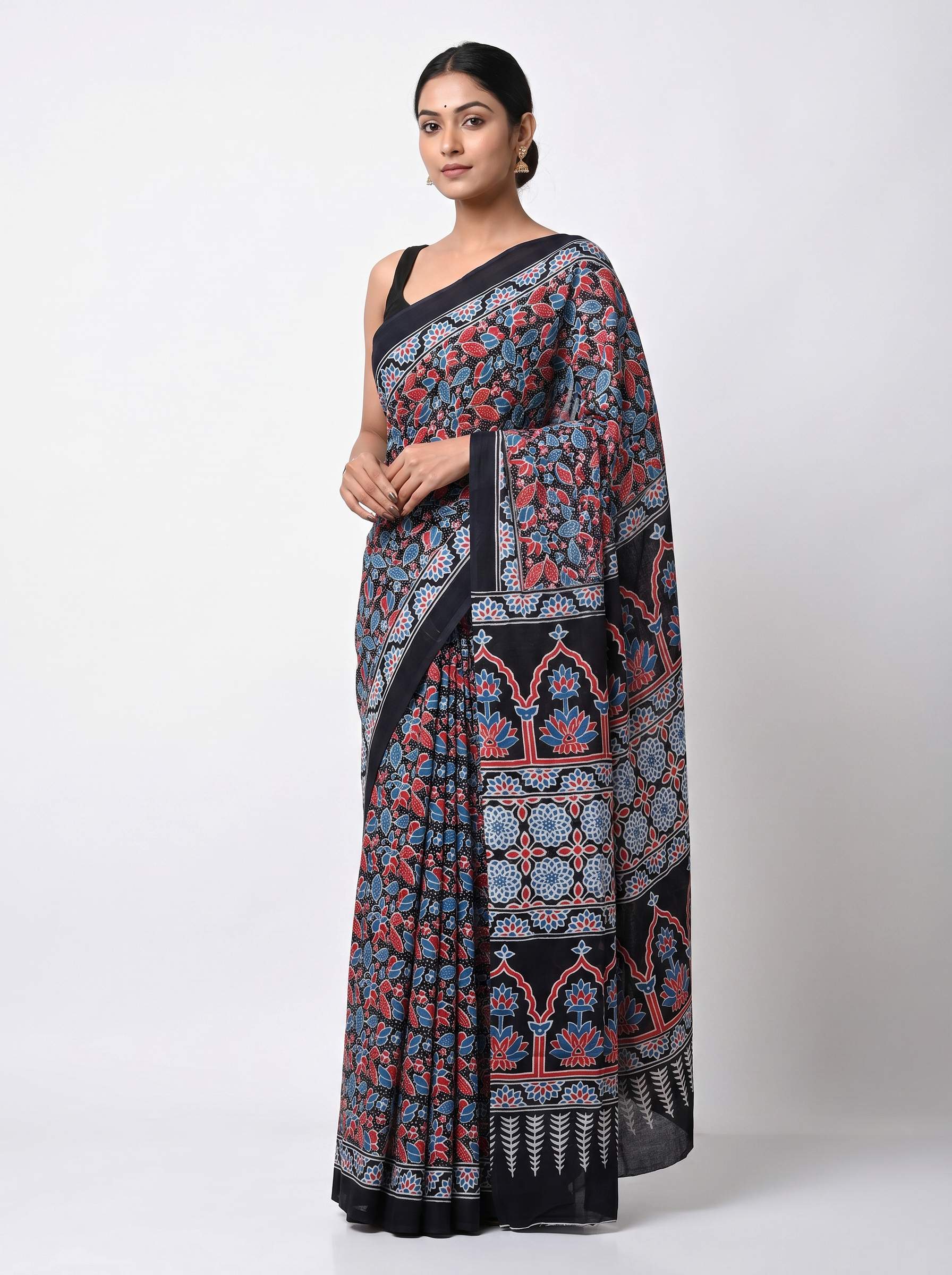 Charcoal Grey + Deep Red + Teal Blue + Grey pure mulmul cotton saree with blouse
