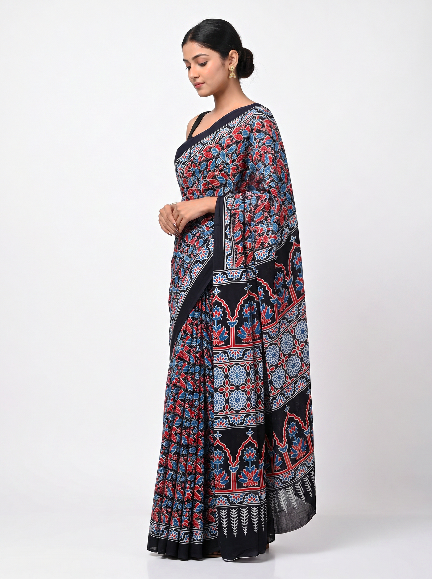 Pure Mulmul Cotton Saree | Charcoal Grey + Deep Red + Teal Blue + Grey Handblock Print | Summer & Office Wear | With Blouse image 2