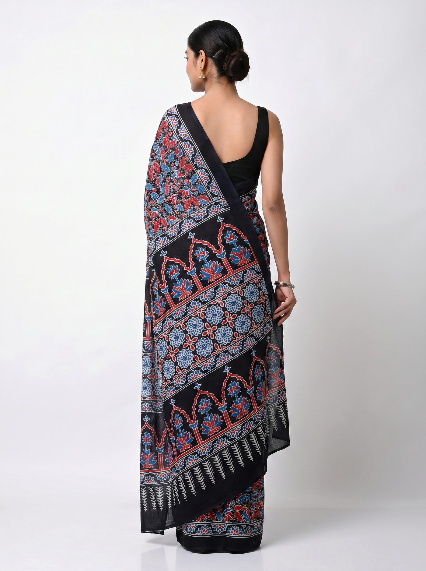 Pure Mulmul Cotton Saree | Charcoal Grey + Deep Red + Teal Blue + Grey Handblock Print | Summer & Office Wear | With Blouse image 3