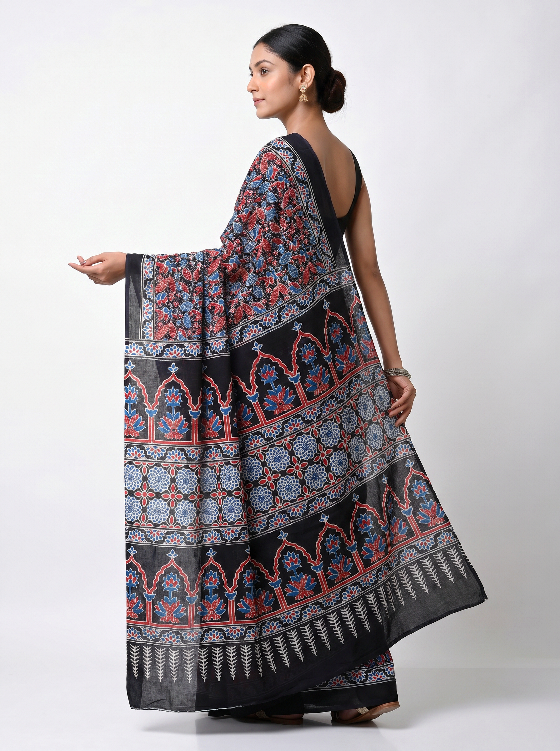 Pure Mulmul Cotton Saree | Charcoal Grey + Deep Red + Teal Blue + Grey Handblock Print | Summer & Office Wear | With Blouse image 4