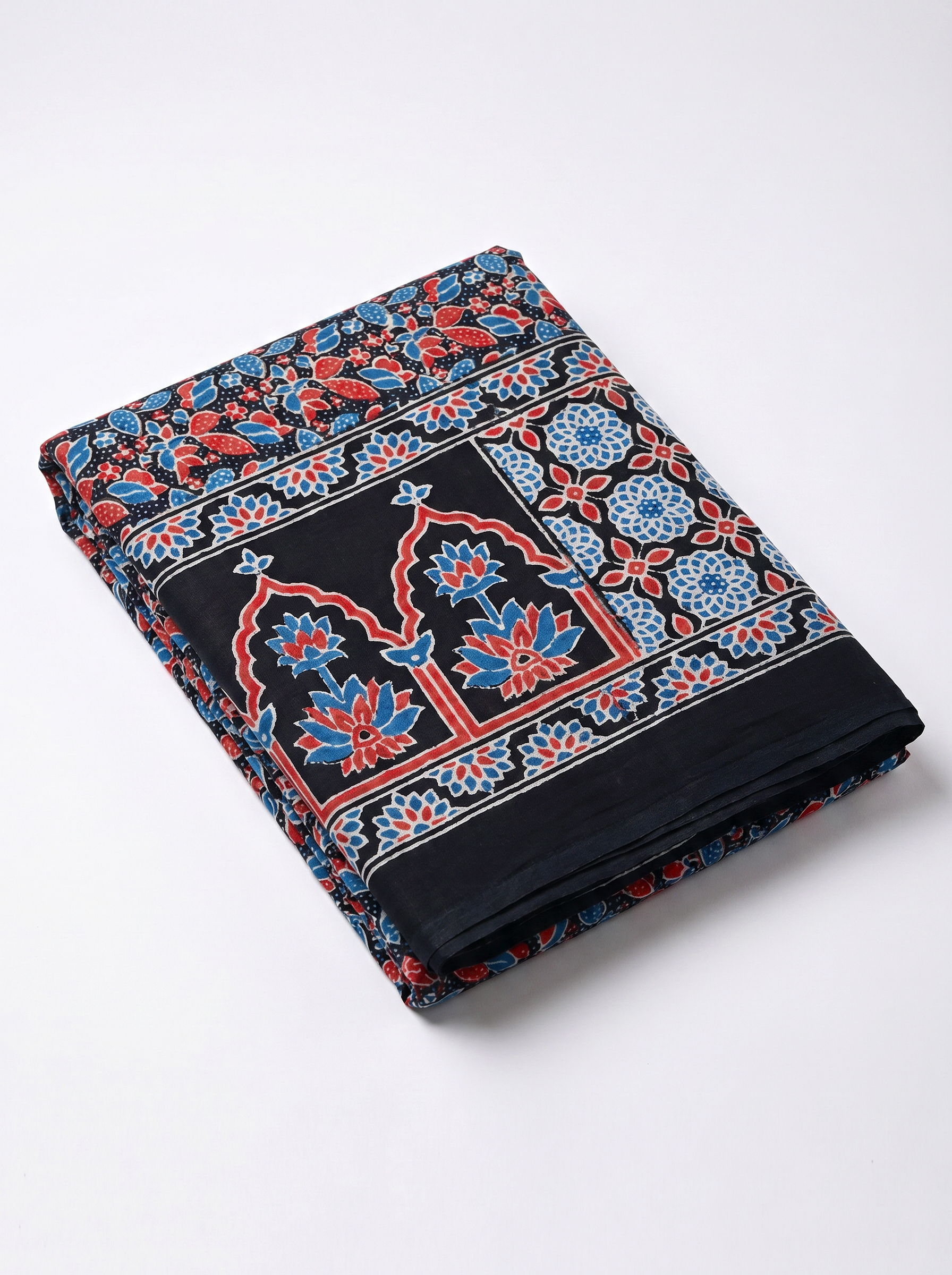 Pure Mulmul Cotton Saree | Charcoal Grey + Deep Red + Teal Blue + Grey Handblock Print | Summer & Office Wear | With Blouse image 5