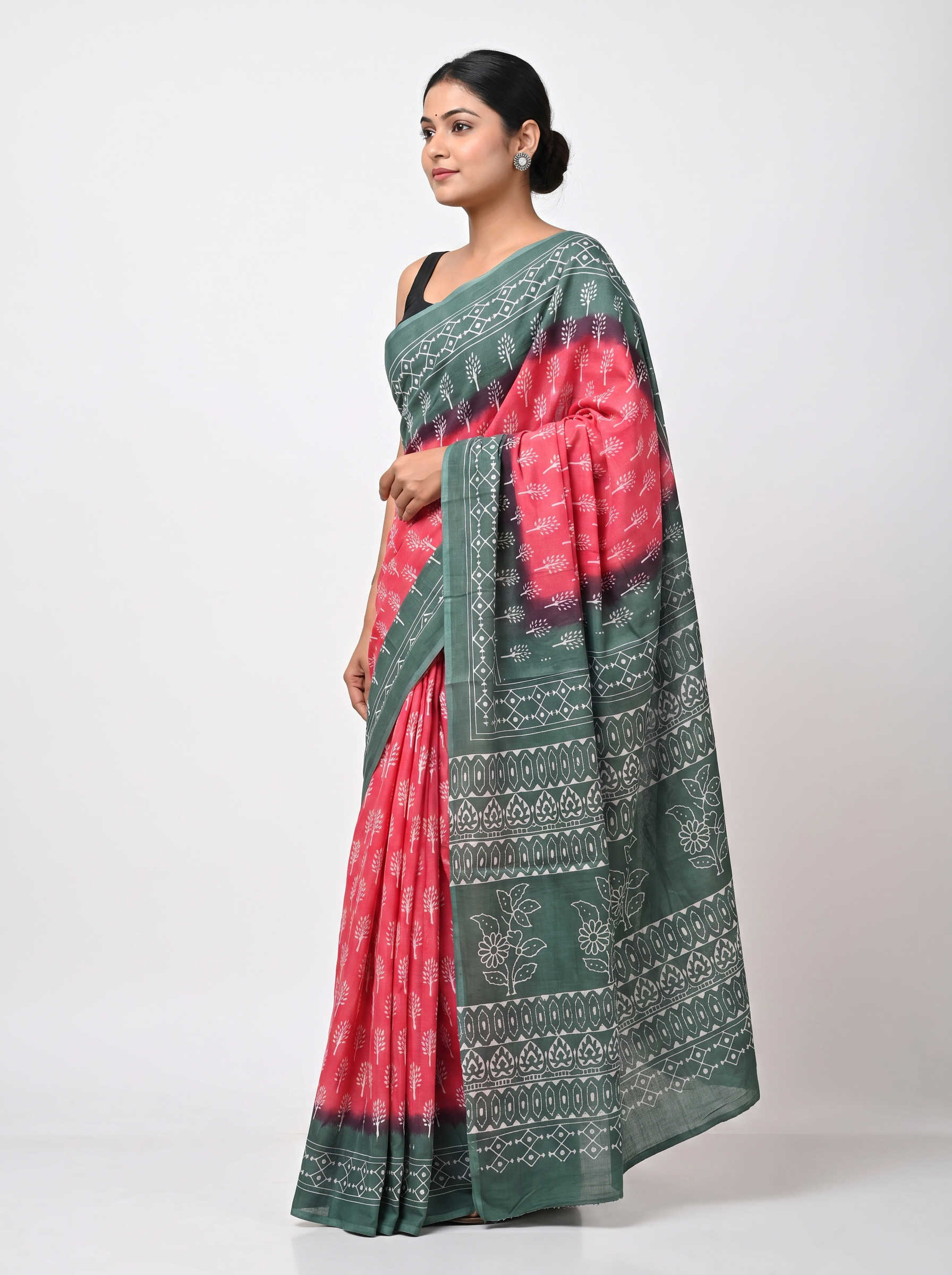 Pure Mulmul Cotton Saree | Deep Red + Teal Blue + Grey Handblock Print | Summer & Office Wear | With Blouse image 2