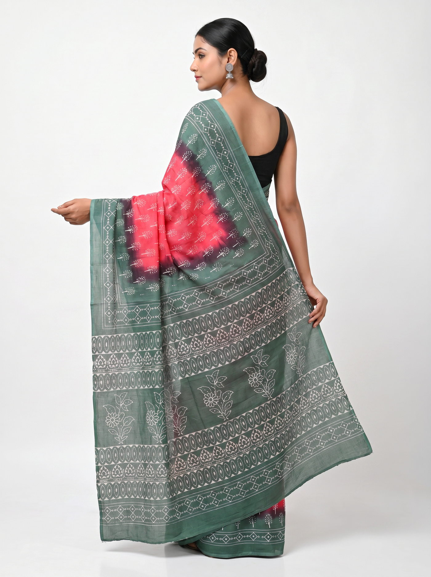 Pure Mulmul Cotton Saree | Deep Red + Teal Blue + Grey Handblock Print | Summer & Office Wear | With Blouse image 4