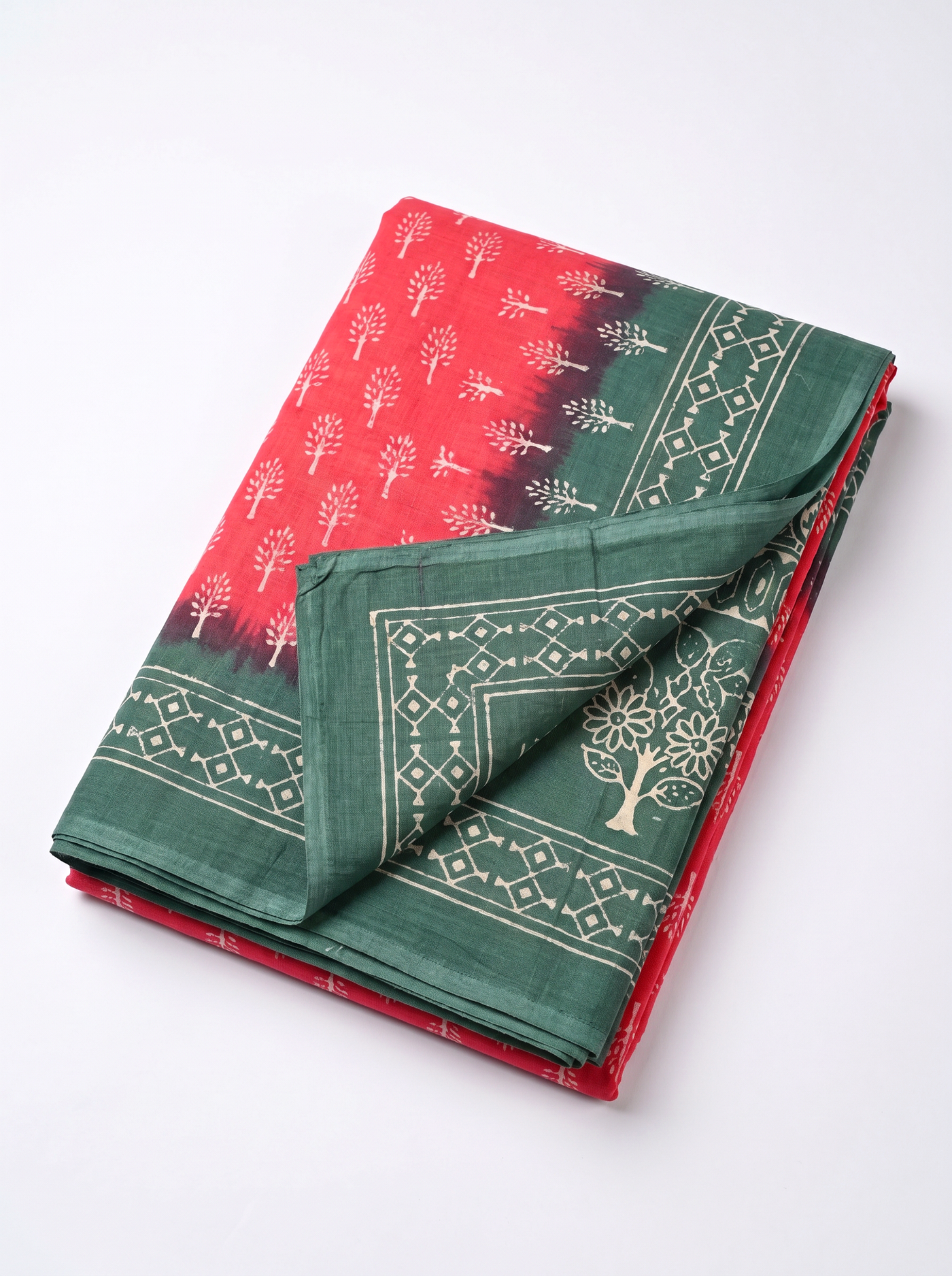Pure Mulmul Cotton Saree | Deep Red + Teal Blue + Grey Handblock Print | Summer & Office Wear | With Blouse image 5