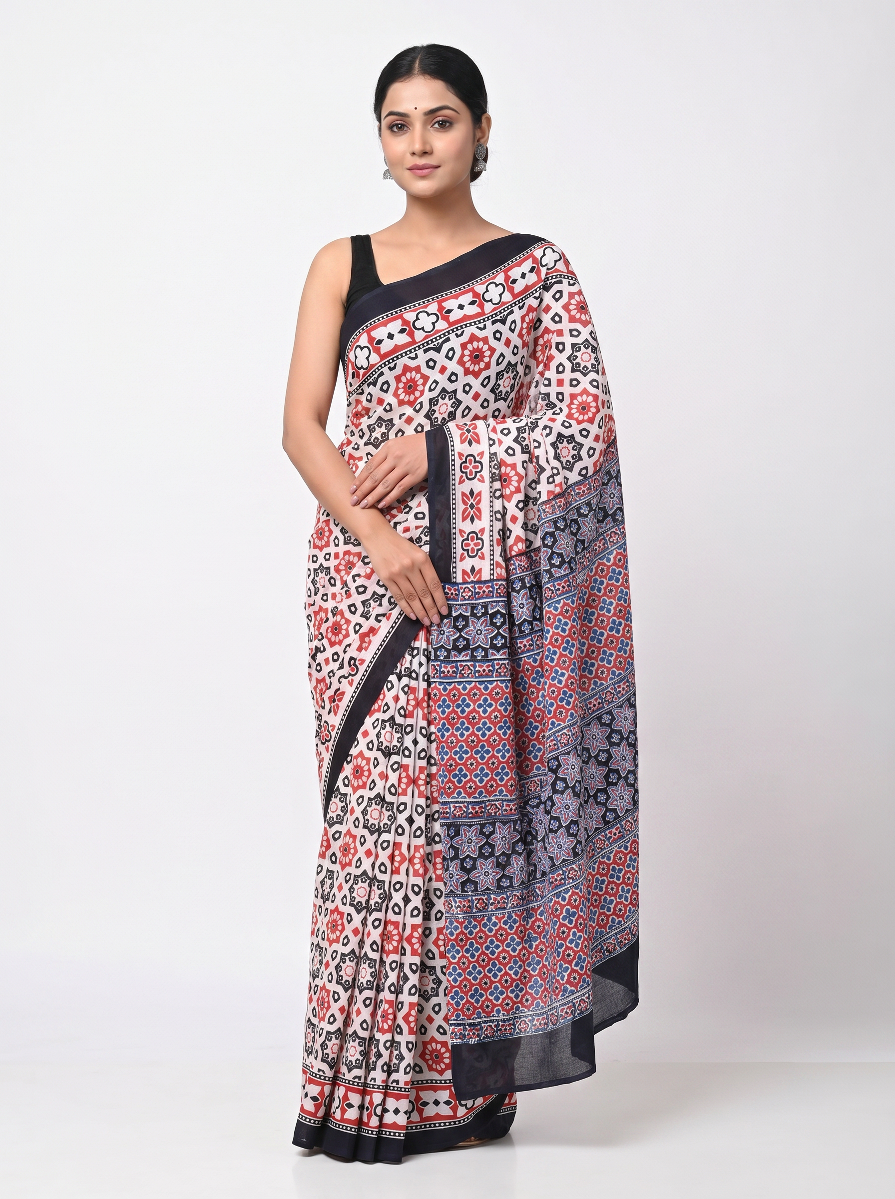 Deep Red + Teal Blue pure mulmul cotton saree with blouse