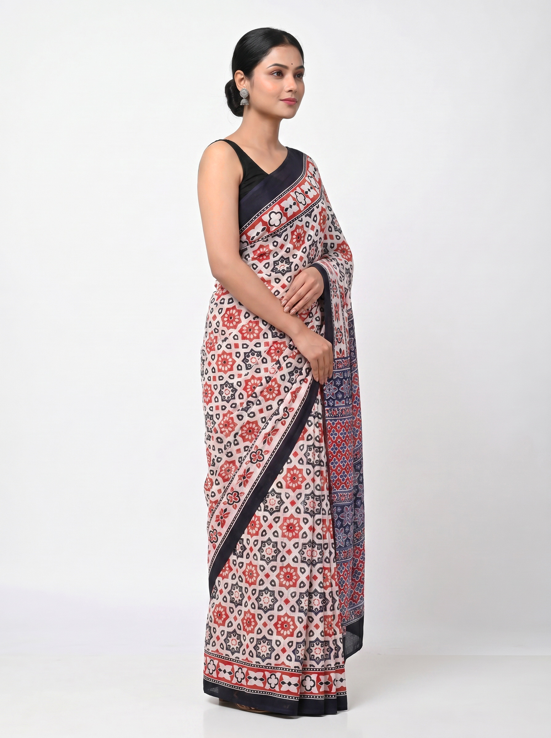 Pure Mulmul Cotton Saree | Deep Red + Teal Blue Handblock Print | Summer & Office Wear | With Blouse image 2