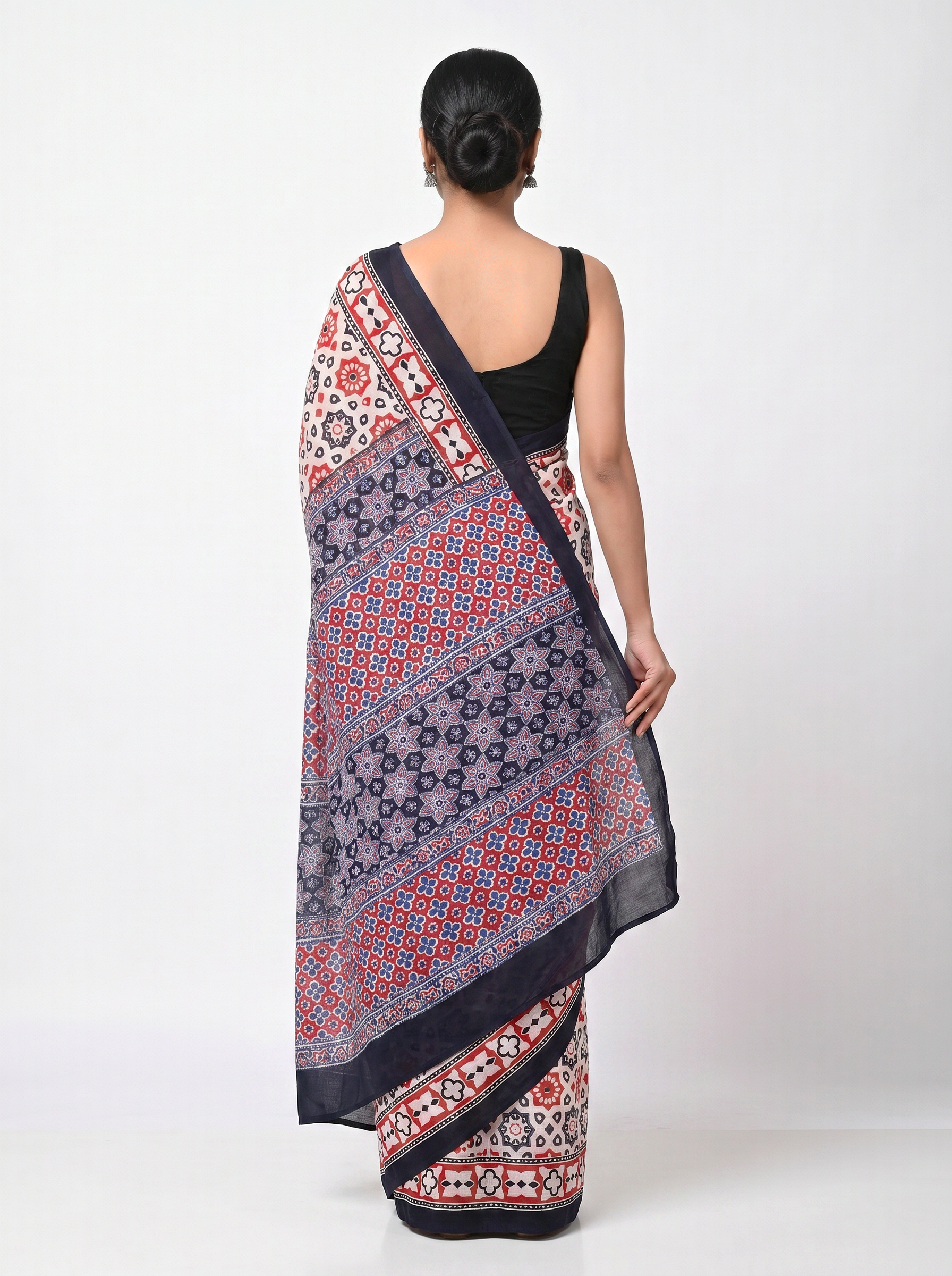Pure Mulmul Cotton Saree | Deep Red + Teal Blue Handblock Print | Summer & Office Wear | With Blouse image 3