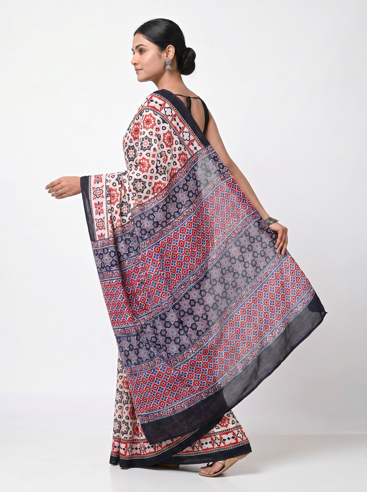 Pure Mulmul Cotton Saree | Deep Red + Teal Blue Handblock Print | Summer & Office Wear | With Blouse image 4