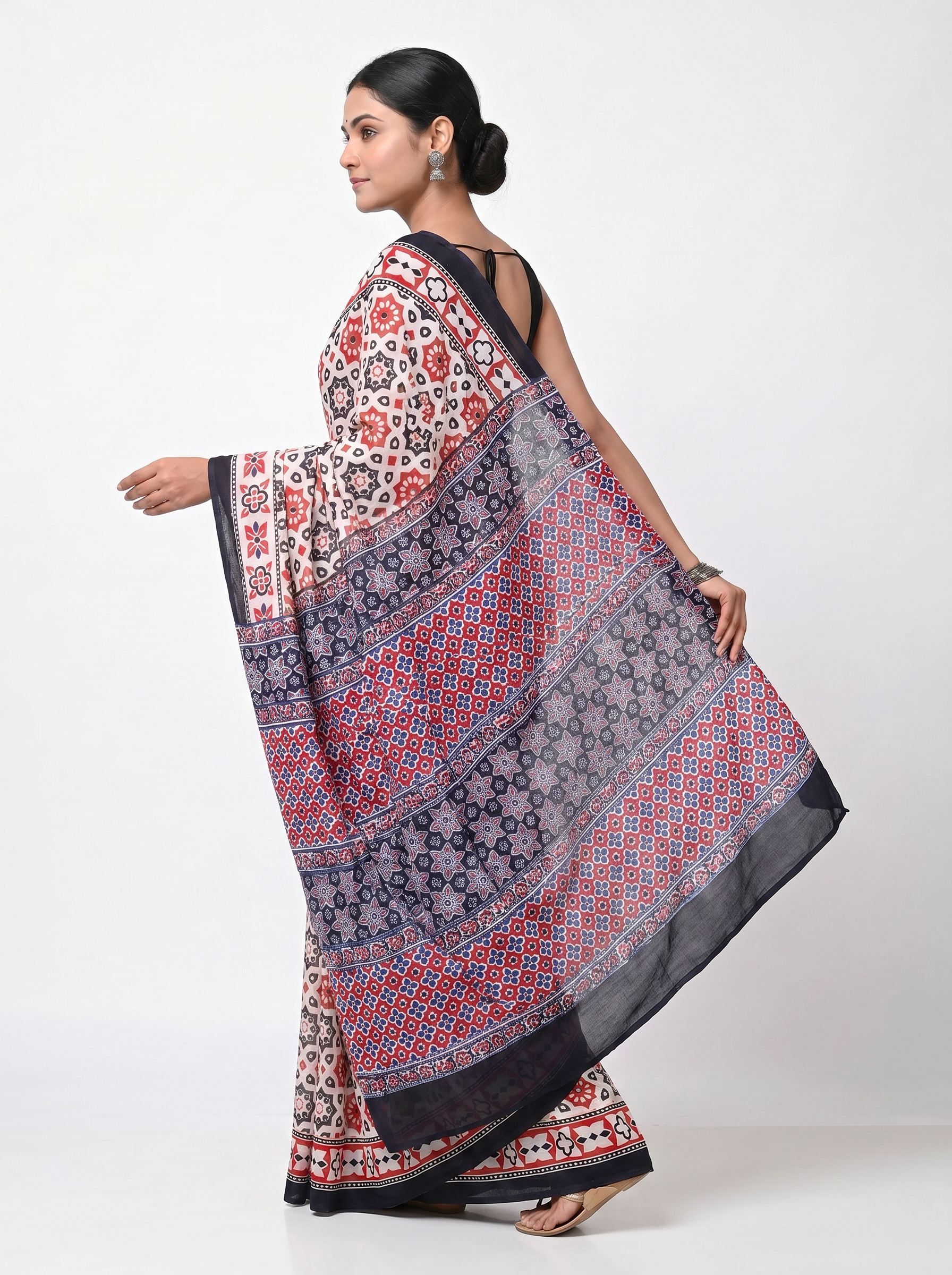 Pure Mulmul Cotton Saree | Deep Red + Teal Blue Handblock Print | Summer & Office Wear | With Blouse image 4