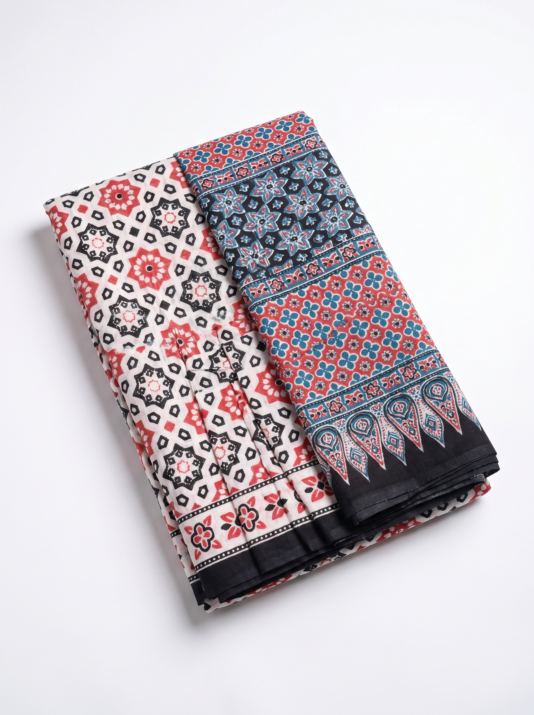 Pure Mulmul Cotton Saree | Deep Red + Teal Blue Handblock Print | Summer & Office Wear | With Blouse image 5