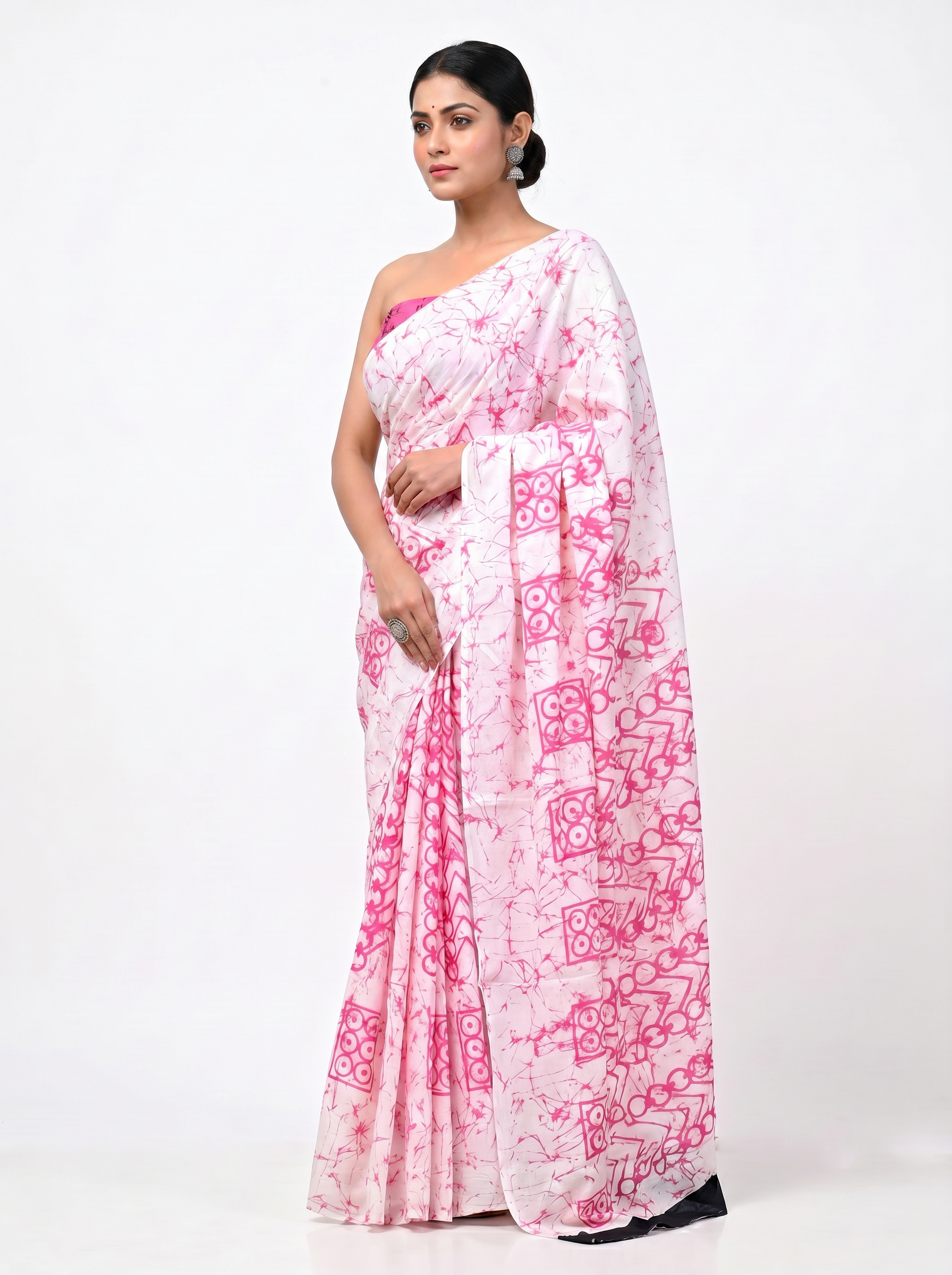 Pure Mulmul Cotton Saree | Deep Red + Dusty Pink + Beige Handblock Print | Summer & Office Wear | With Blouse image 2