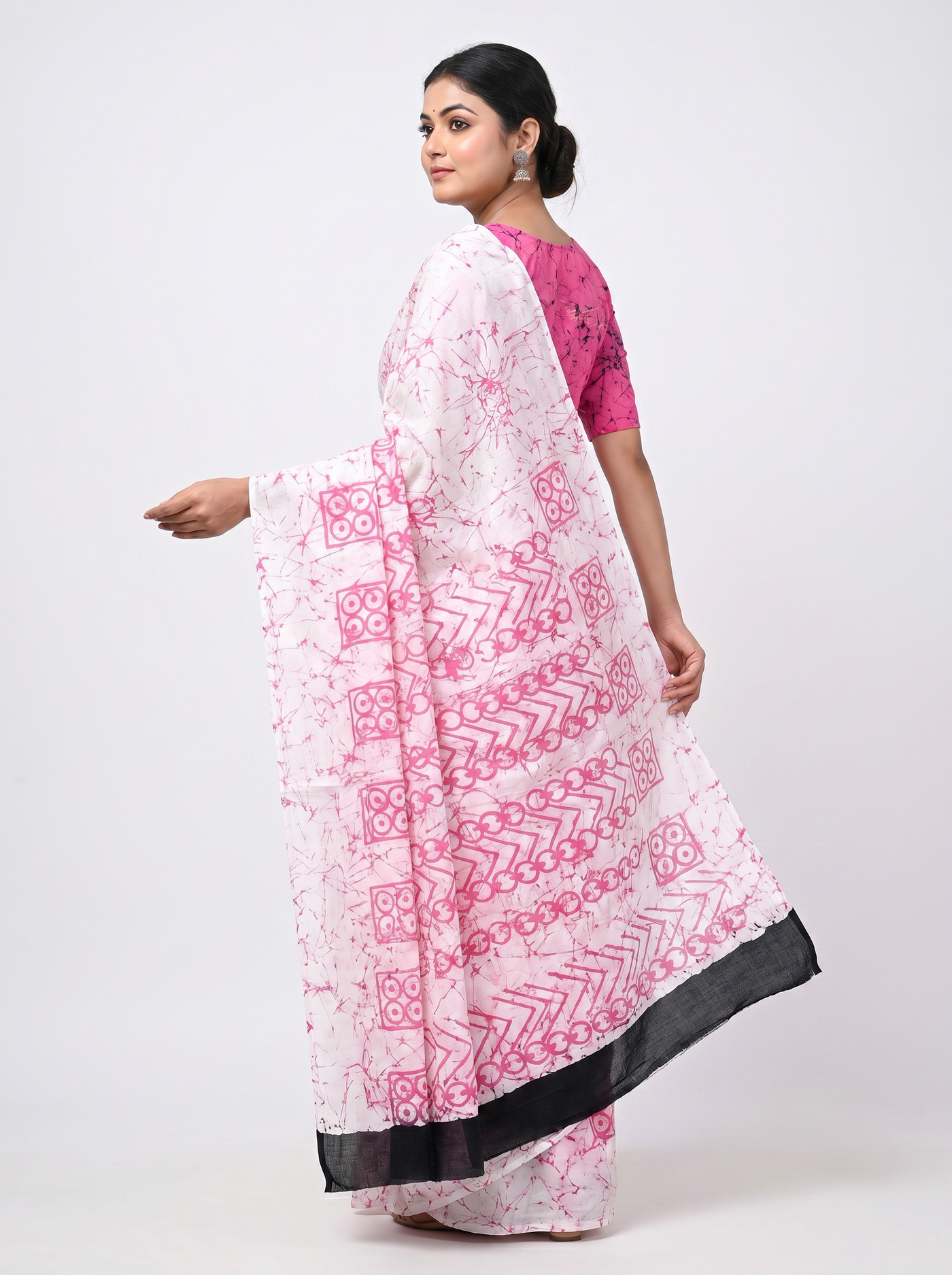 Pure Mulmul Cotton Saree | Deep Red + Dusty Pink + Beige Handblock Print | Summer & Office Wear | With Blouse image 4