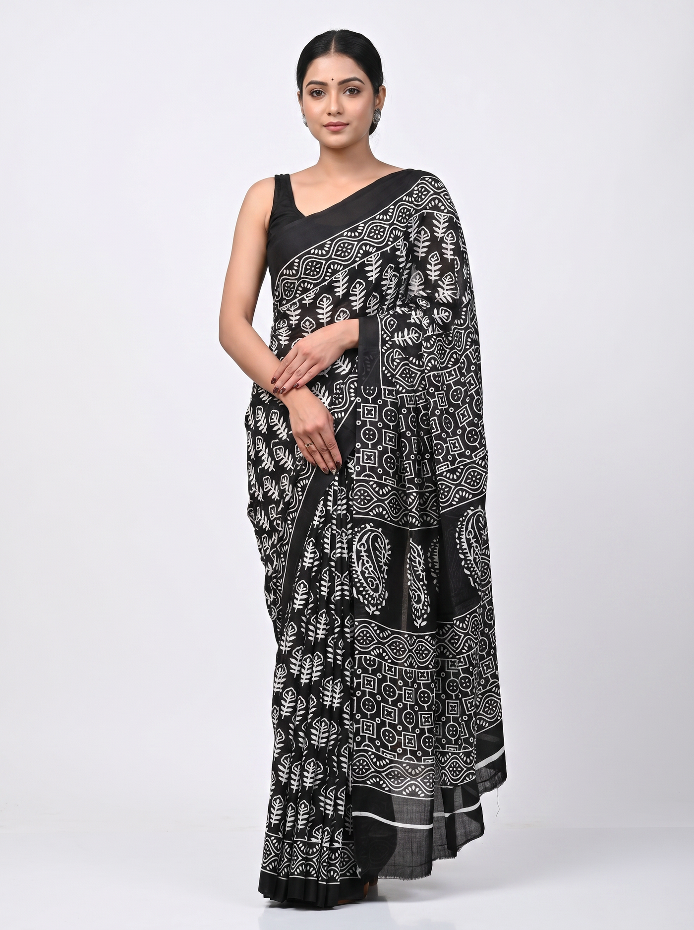 Charcoal Grey + Grey pure mulmul cotton saree with blouse