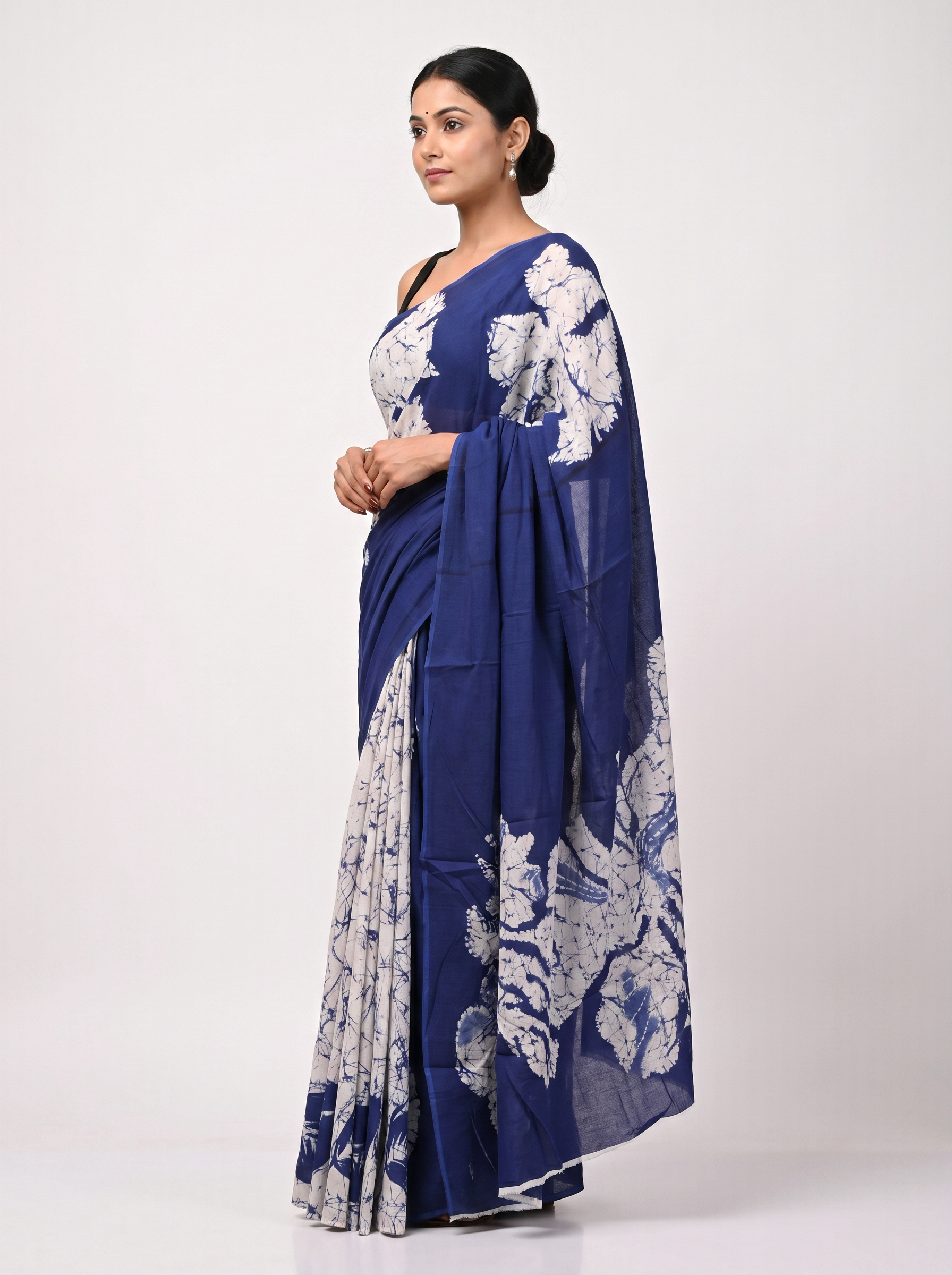 Pure Mulmul Cotton Saree | Ink Blue Handblock Print | Summer & Office Wear | With Blouse image 2