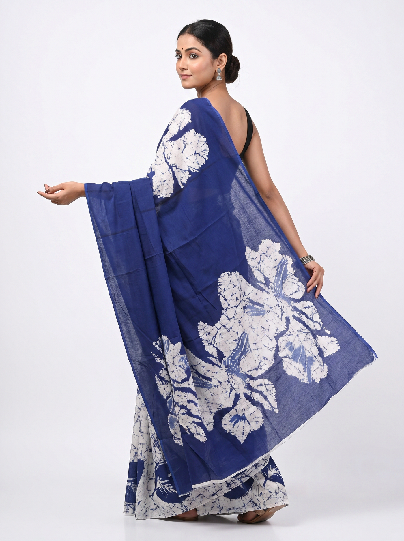 Pure Mulmul Cotton Saree | Ink Blue Handblock Print | Summer & Office Wear | With Blouse image 4