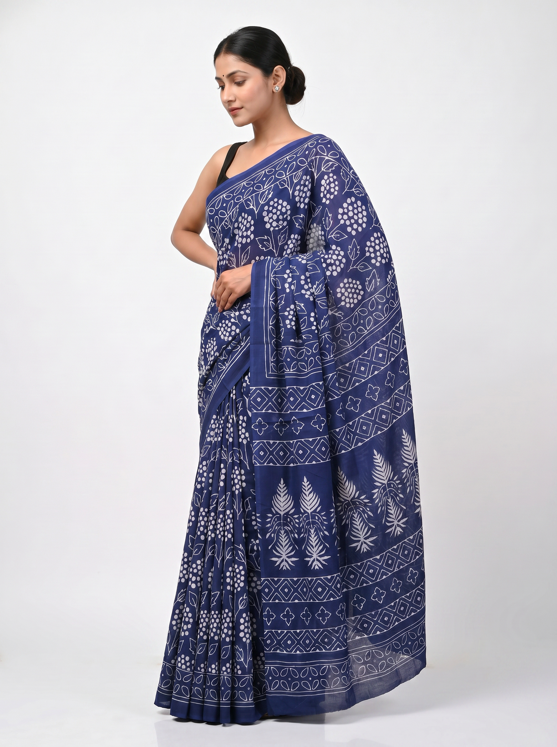 Pure Mulmul Cotton Saree | Ink Blue Handblock Print | Summer & Office Wear | With Blouse | Design 2 image 2