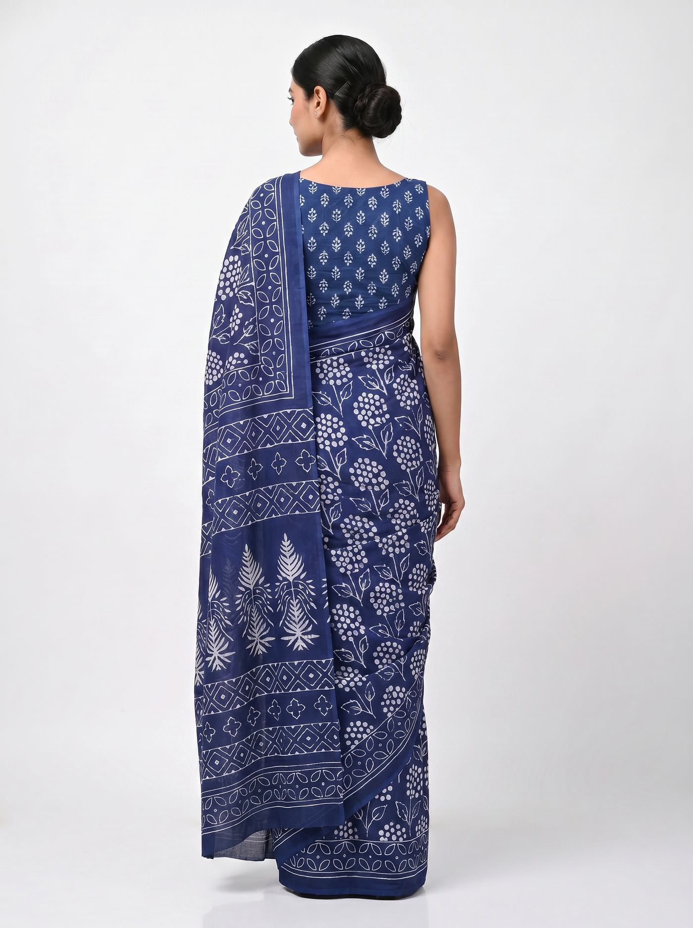 Pure Mulmul Cotton Saree | Ink Blue Handblock Print | Summer & Office Wear | With Blouse | Design 2 image 3