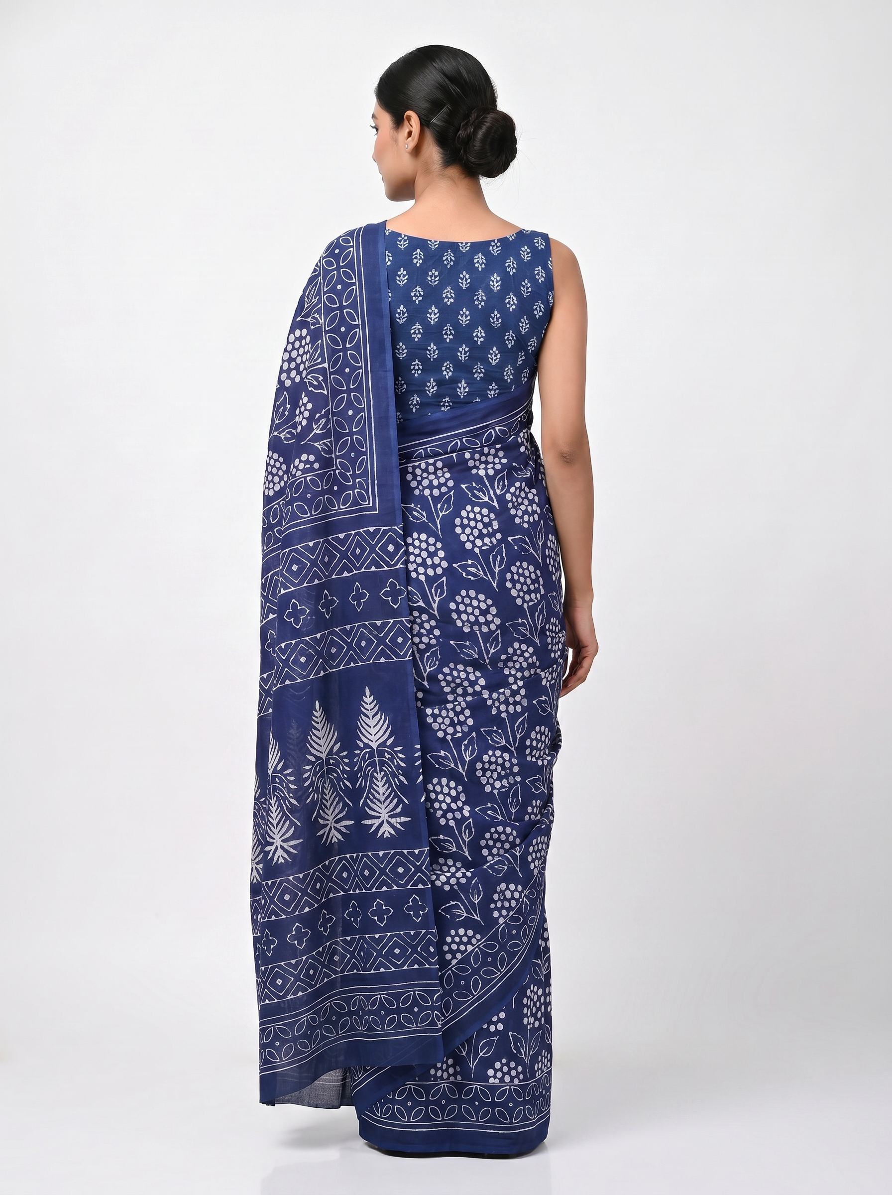 Pure Mulmul Cotton Saree | Ink Blue Handblock Print | Summer & Office Wear | With Blouse | Design 2 image 3