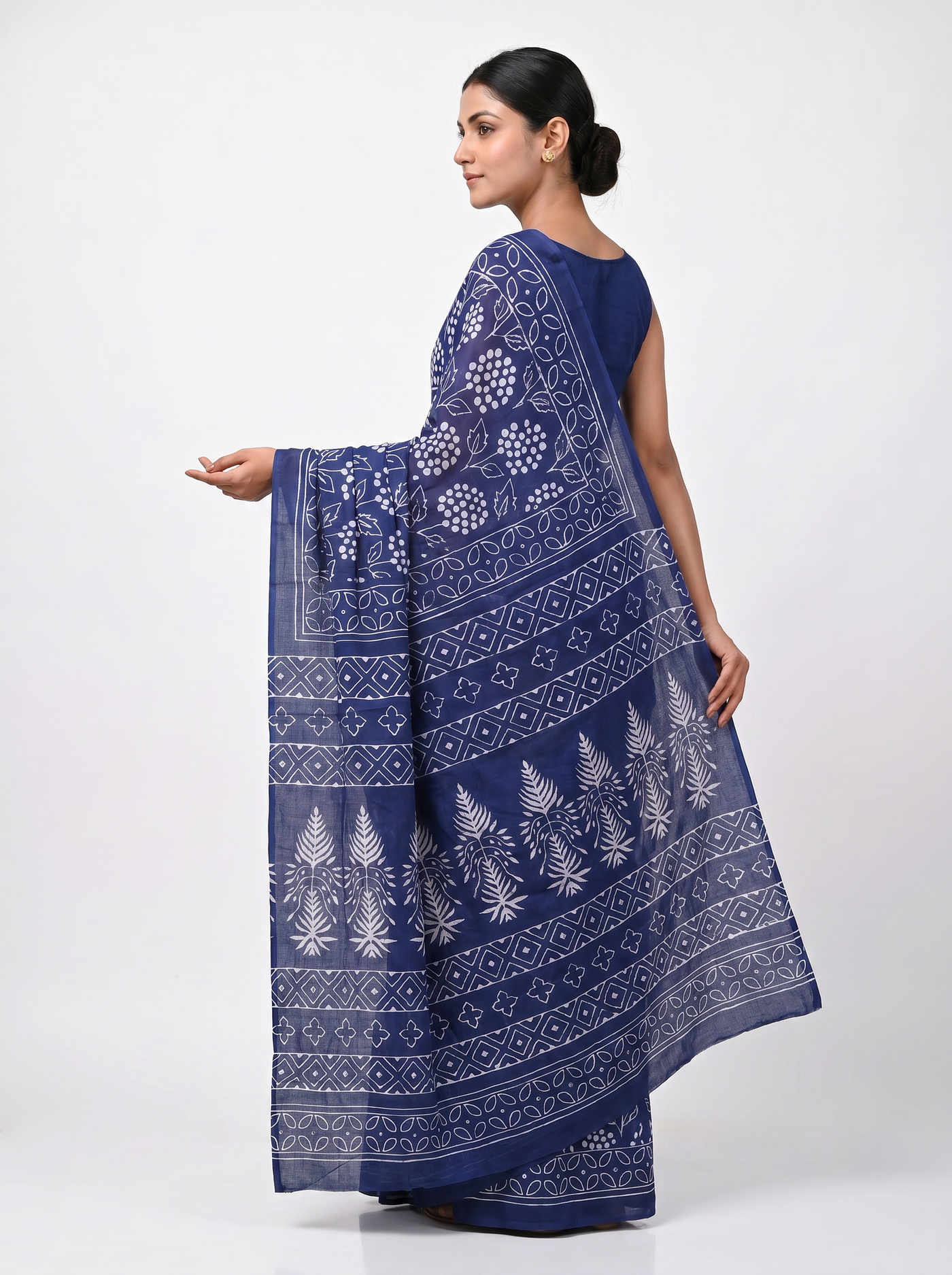 Pure Mulmul Cotton Saree | Ink Blue Handblock Print | Summer & Office Wear | With Blouse | Design 2 image 4