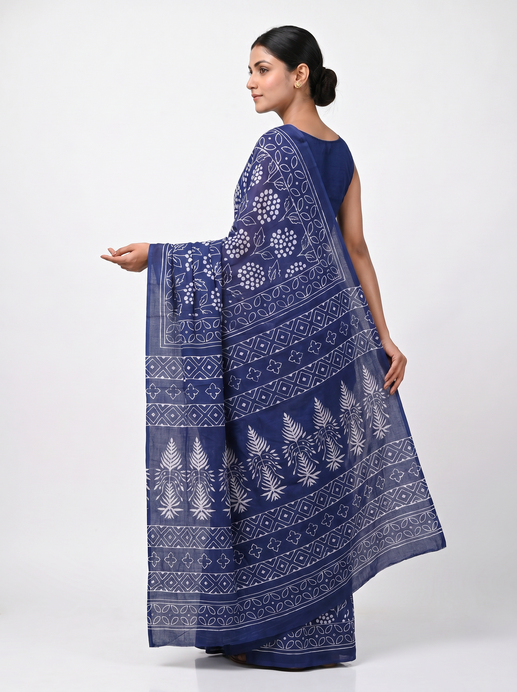 Pure Mulmul Cotton Saree | Ink Blue Handblock Print | Summer & Office Wear | With Blouse | Design 2 image 4
