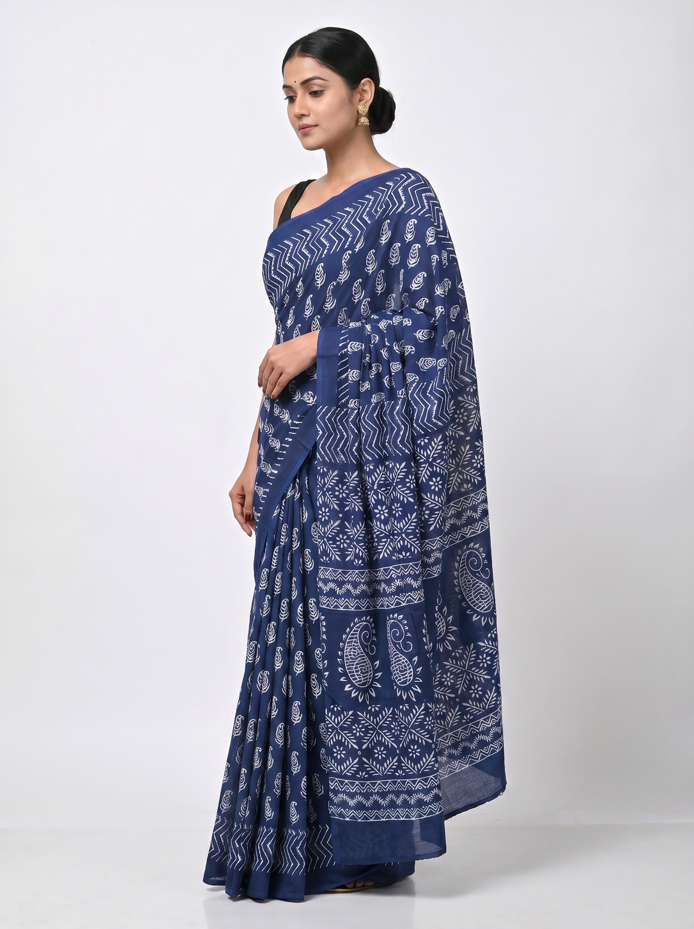 Pure Mulmul Cotton Saree | Ink Blue Handblock Print | Summer & Office Wear | With Blouse | Design 3 image 2