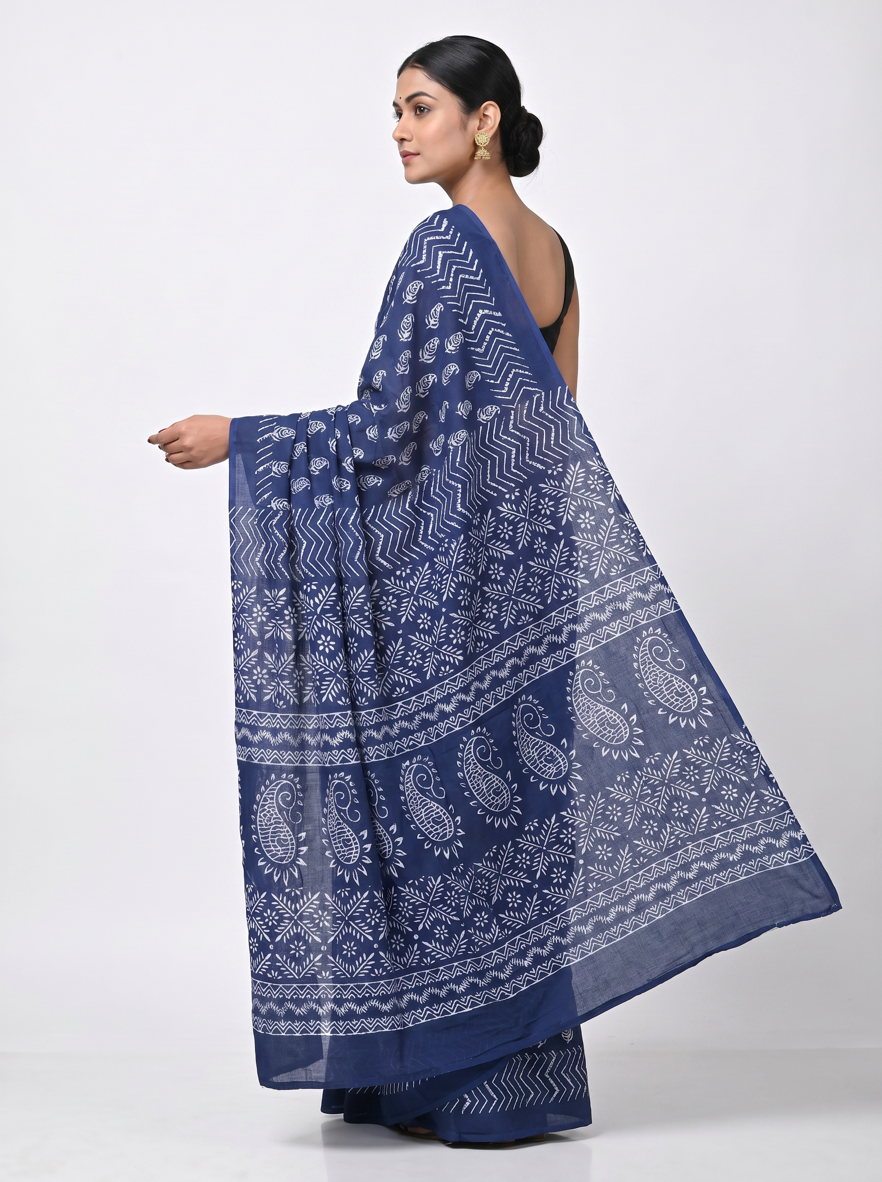 Pure Mulmul Cotton Saree | Ink Blue Handblock Print | Summer & Office Wear | With Blouse | Design 3 image 4