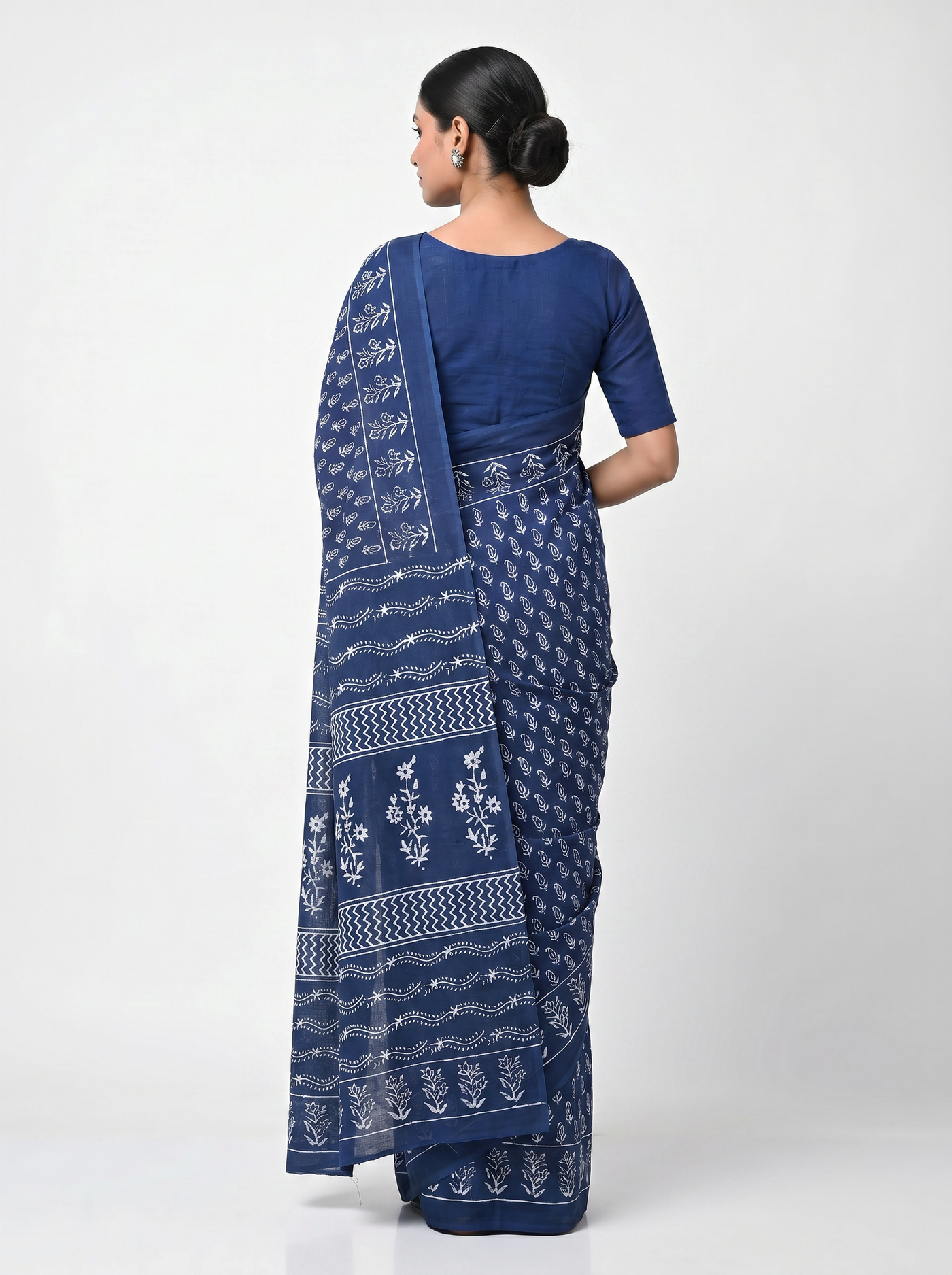 Pure Mulmul Cotton Saree | Ink Blue Handblock Print | Summer & Office Wear | With Blouse image 3