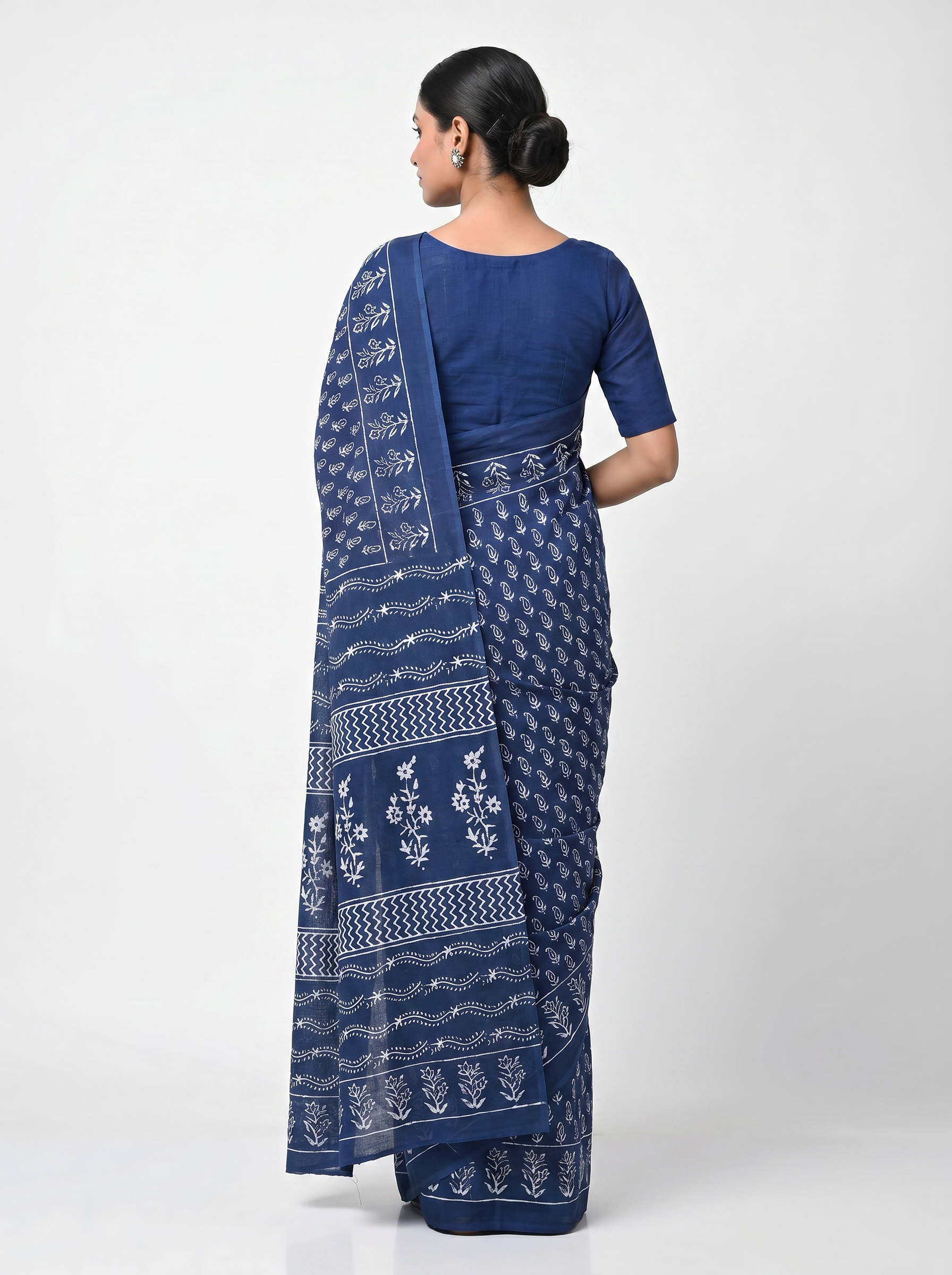 Pure Mulmul Cotton Saree | Ink Blue Handblock Print | Summer & Office Wear | With Blouse image 3
