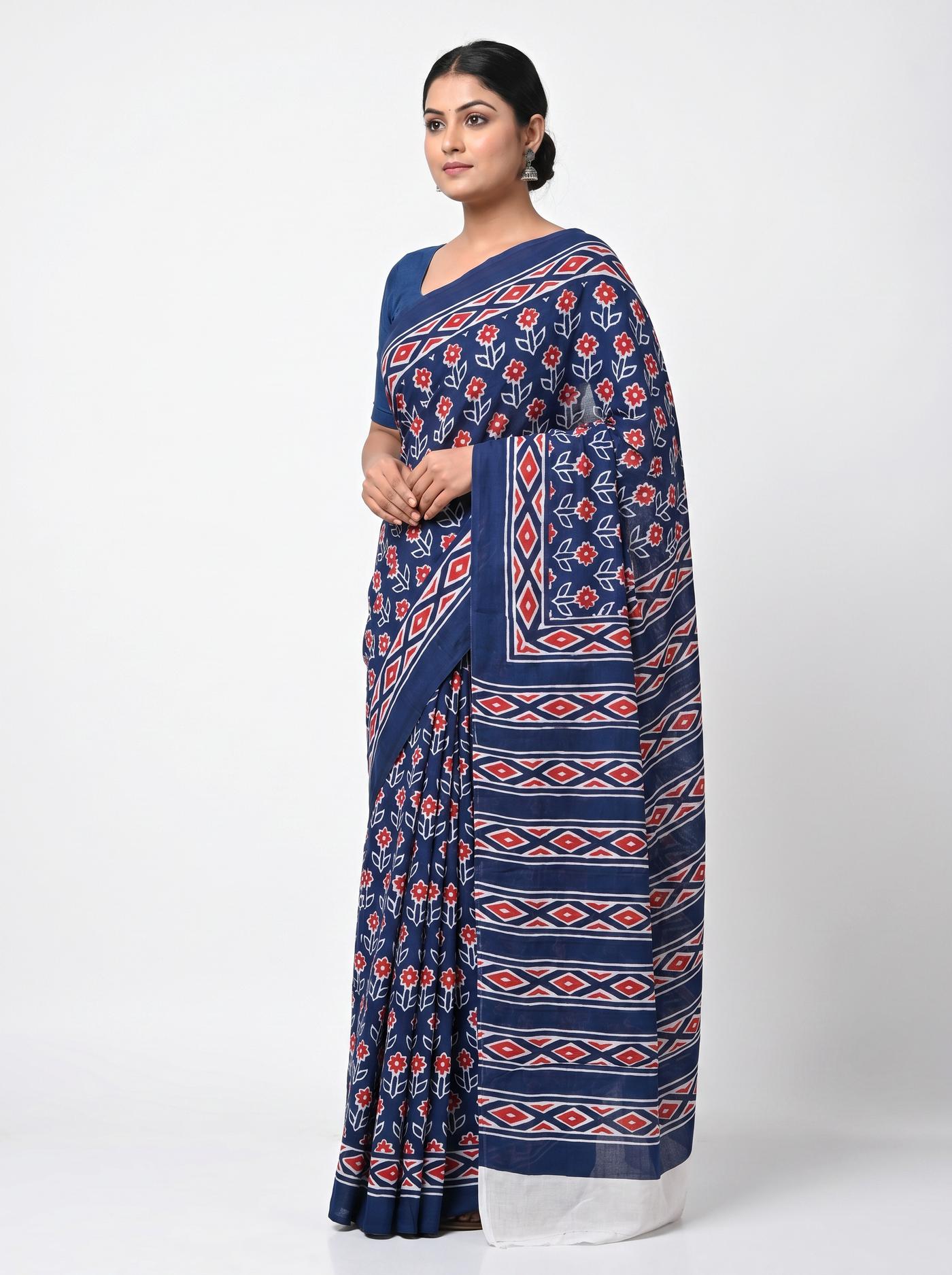 Deep Red + Ink Blue pure mulmul cotton saree with blouse