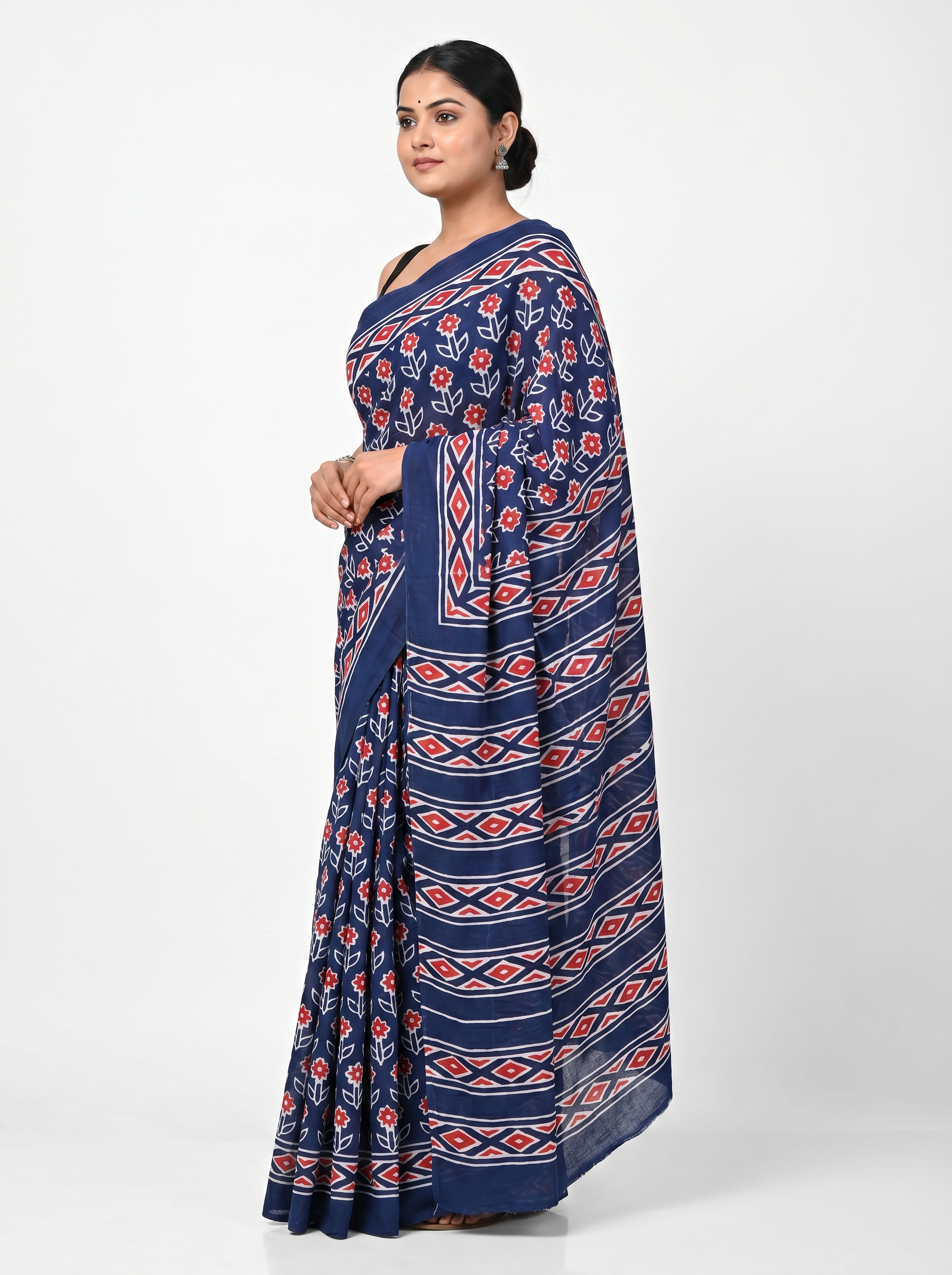 Pure Mulmul Cotton Saree | Deep Red + Ink Blue Handblock Print | Summer & Office Wear | With Blouse image 2