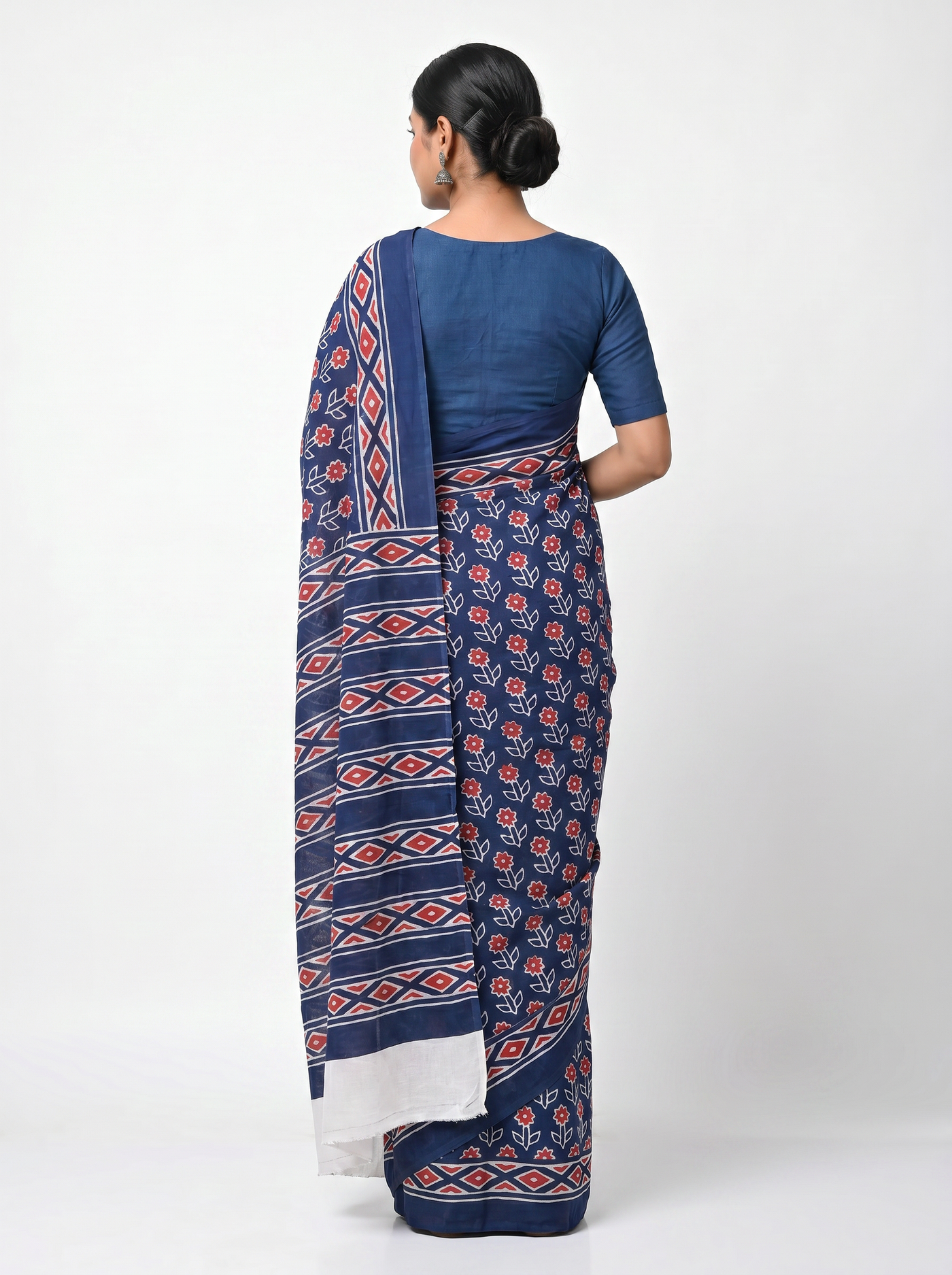 Pure Mulmul Cotton Saree | Deep Red + Ink Blue Handblock Print | Summer & Office Wear | With Blouse image 3