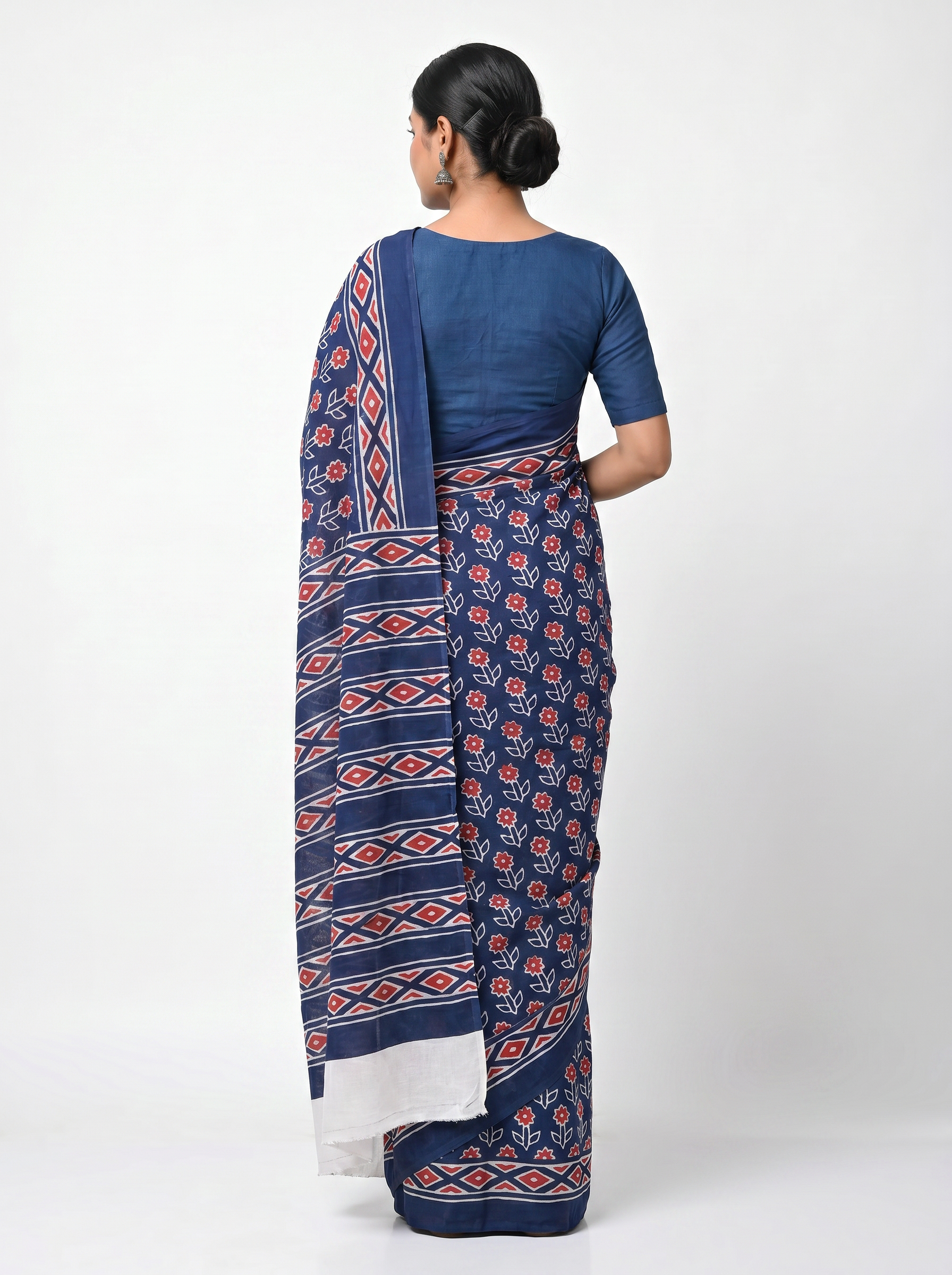Pure Mulmul Cotton Saree | Deep Red + Ink Blue Handblock Print | Summer & Office Wear | With Blouse image 3
