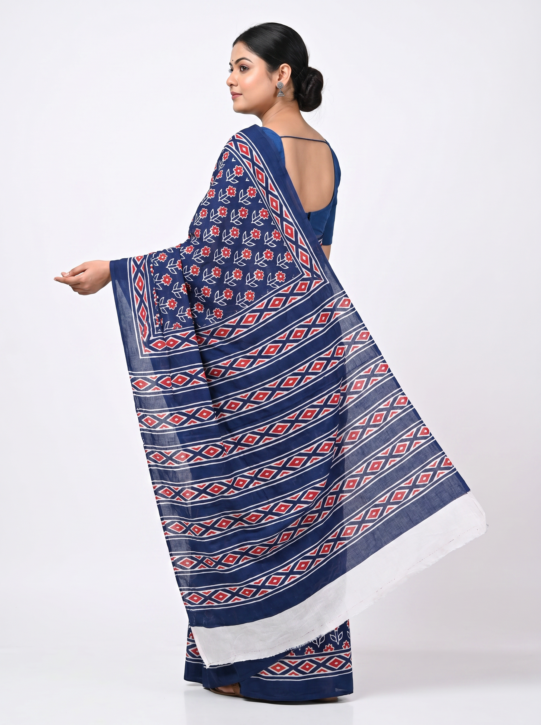 Pure Mulmul Cotton Saree | Deep Red + Ink Blue Handblock Print | Summer & Office Wear | With Blouse image 4